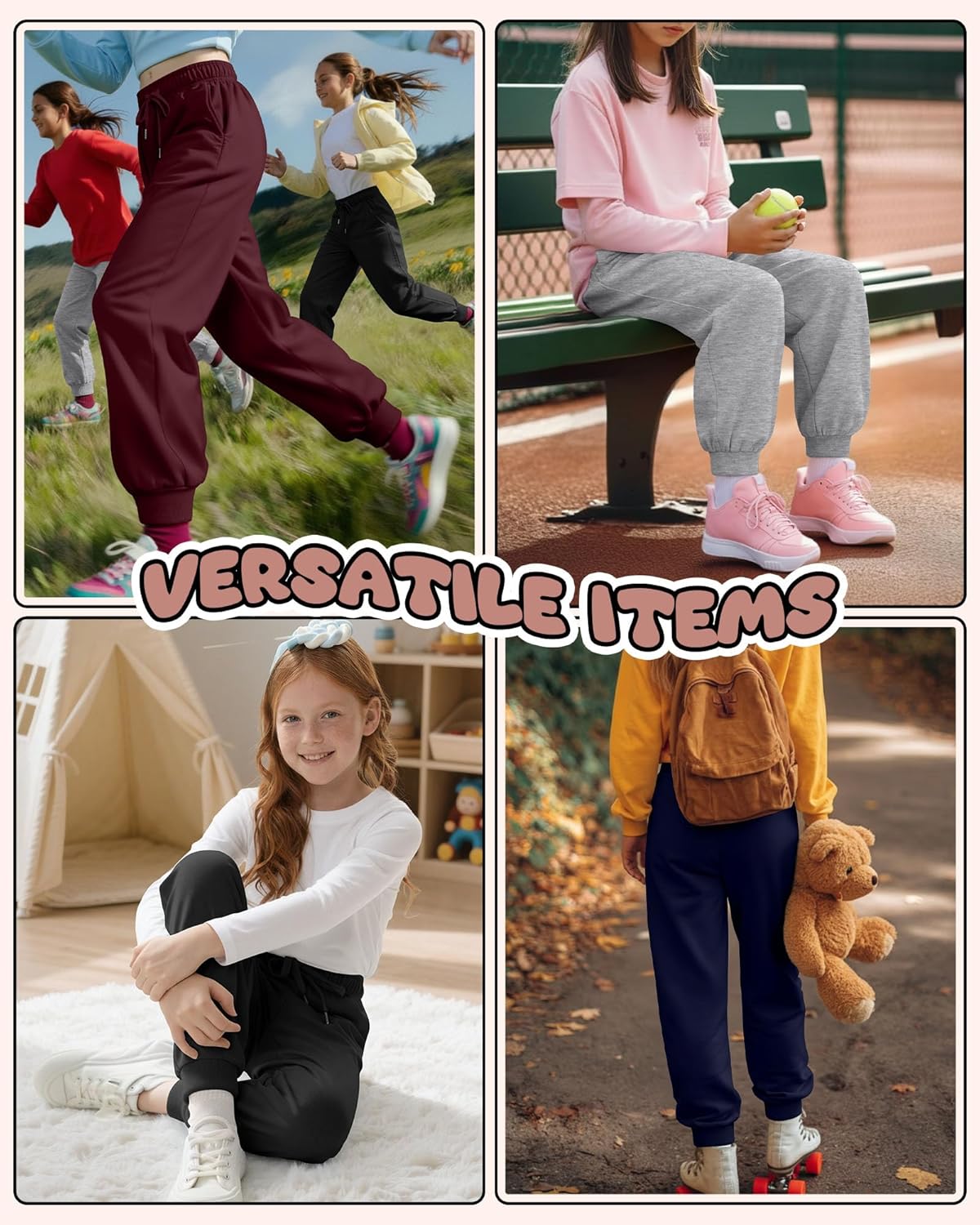 4 Pack Girl's Sweatpants Casual Athletic Drawstring Joggers with Pocket Baggy Lounge Active Running Pants - Image 5