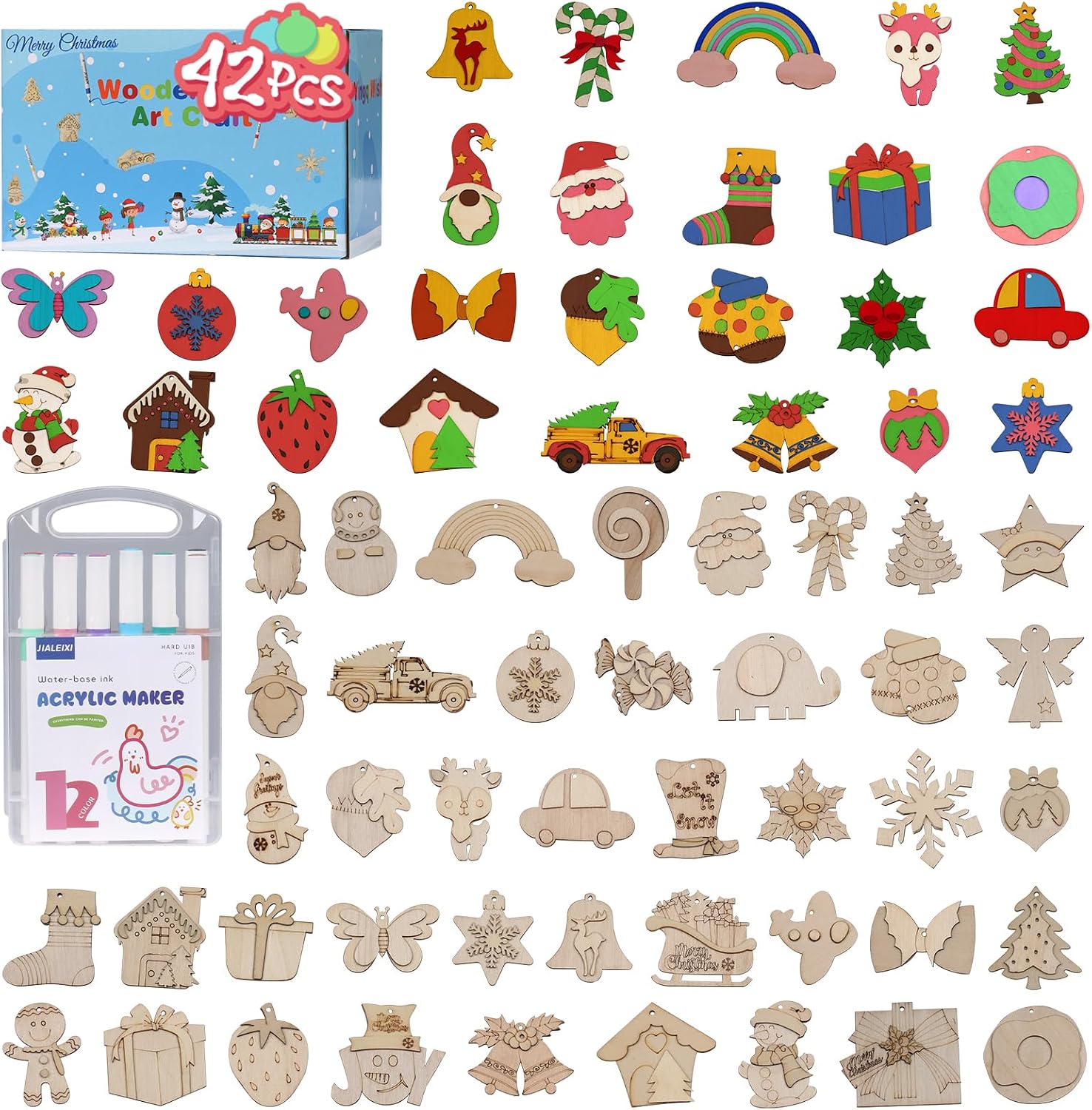 JIALEIXI Wooden DIY Christmas Ornaments, 42PCS Christmas Tree Decorations, Wooden Art Crafts Hanging Decorations for Home Party Holiday Indoor