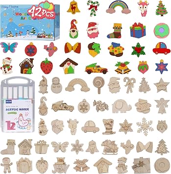 JIALEIXI Wooden DIY Christmas Ornaments, 42PCS Christmas Tree Decorations, Wooden Art Magnets Crafts Painting Kit Hanging Decorations for Home Party Holiday Indoor