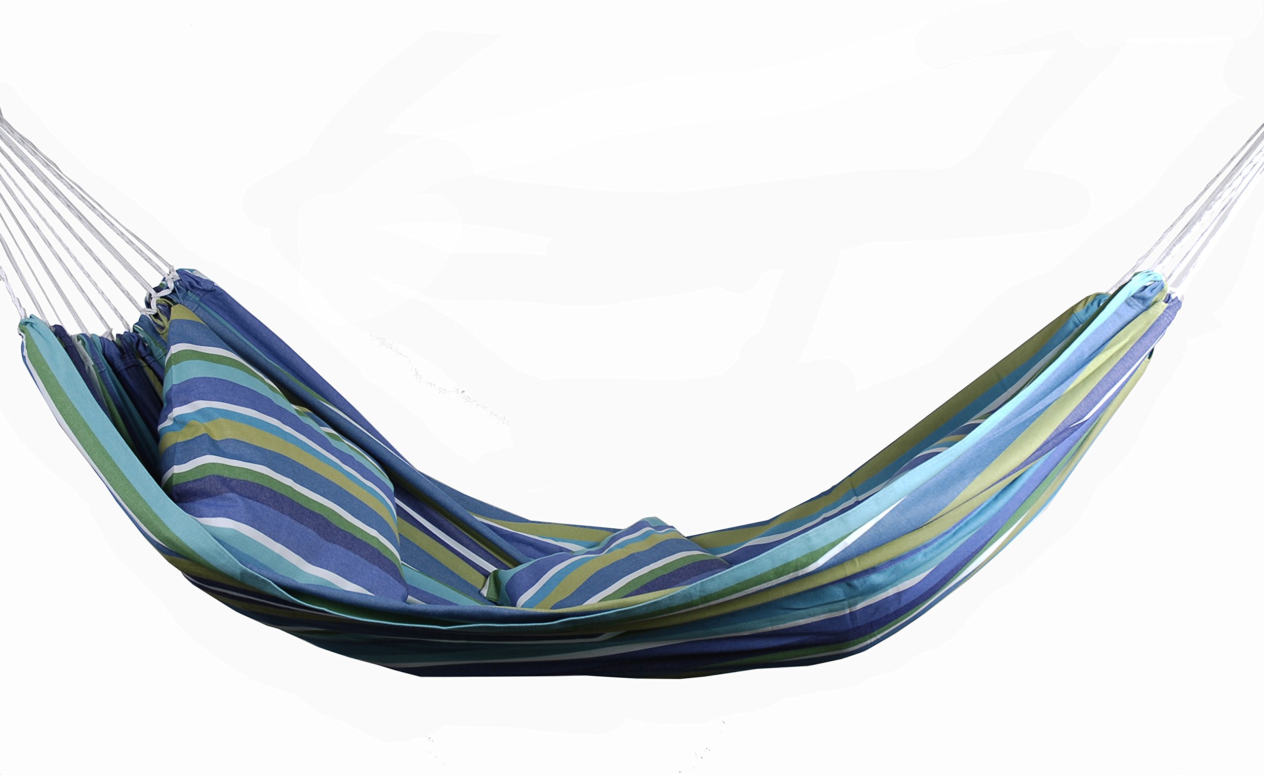 Lazy Rest Large Coton-Canvas Hammock, with 2 Pillow-Covers, Double Rope, Max 140 kg, Blue/Green/white