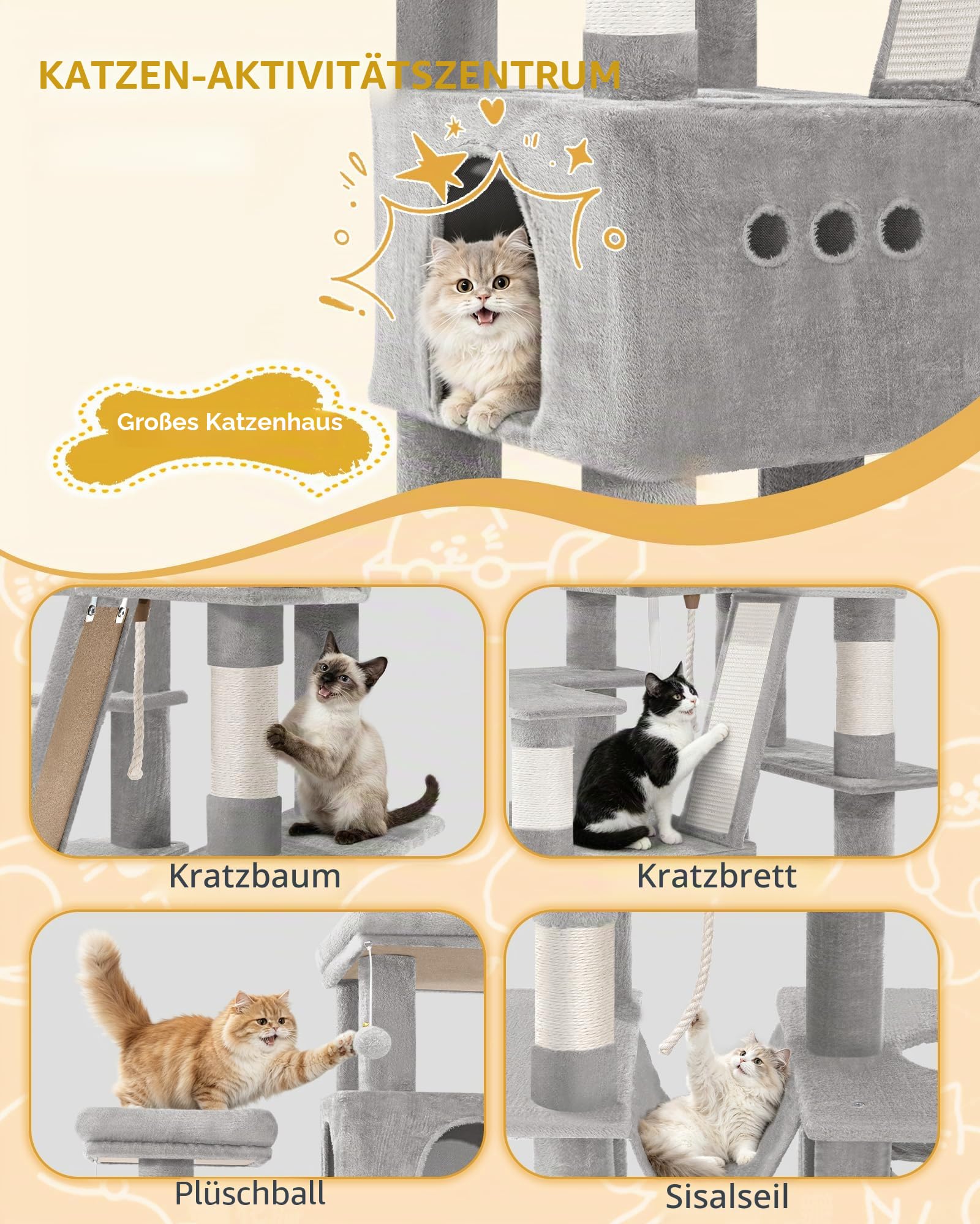 Hzuaneri Kratzbaum, 201 cm XXL Katzenbaum mit 9 Kratzsäulen, 2 Höhlen, 2 Hängematten, Große Plattform, Sisalseil, Korb, Schwerer Kratzbaum für Maine Coon, Große Katzen, Hellgrau 8320018LG
