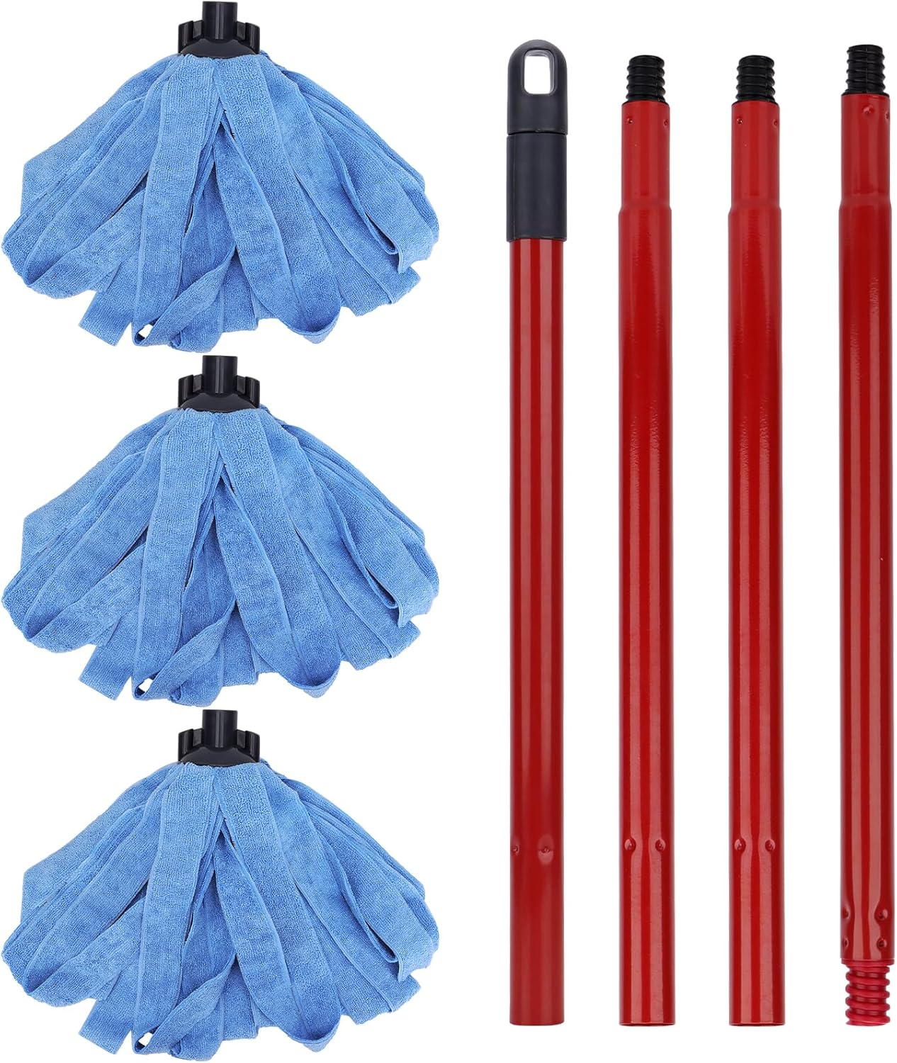 BeiLan Microfiber Mop Cloth Heads Replacements: One Mop Handle with Three Blue Microfiber Cloth Heads Compatible with All Standard US Threading Pole Handle