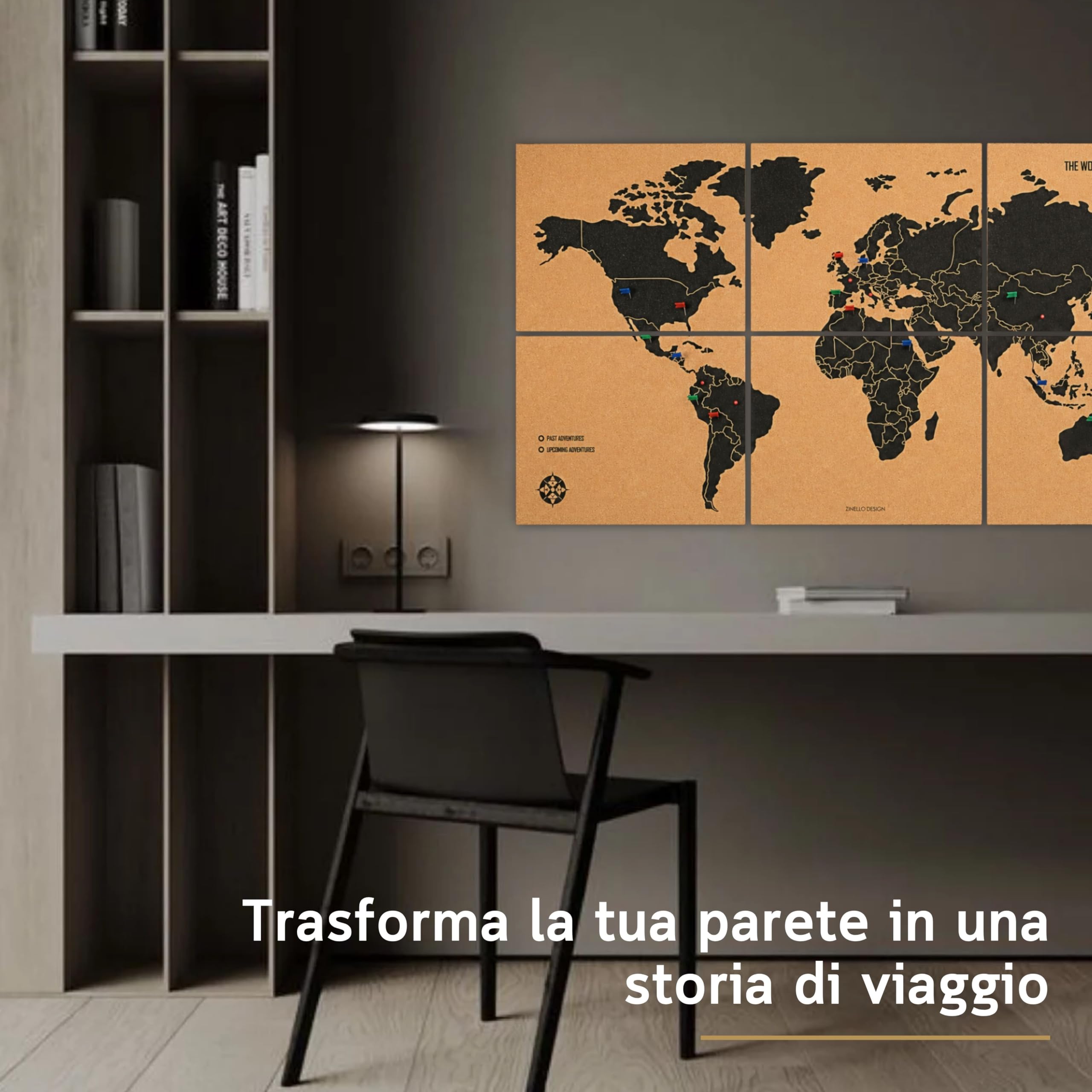 Mappamondo da Parete XXL 120x60 cm – 6 Pannelli Autoadesivi in Sughero – Mappa del Mondo con Puntine – Planisfero Gigante Segna Viaggi – 60 Puntine