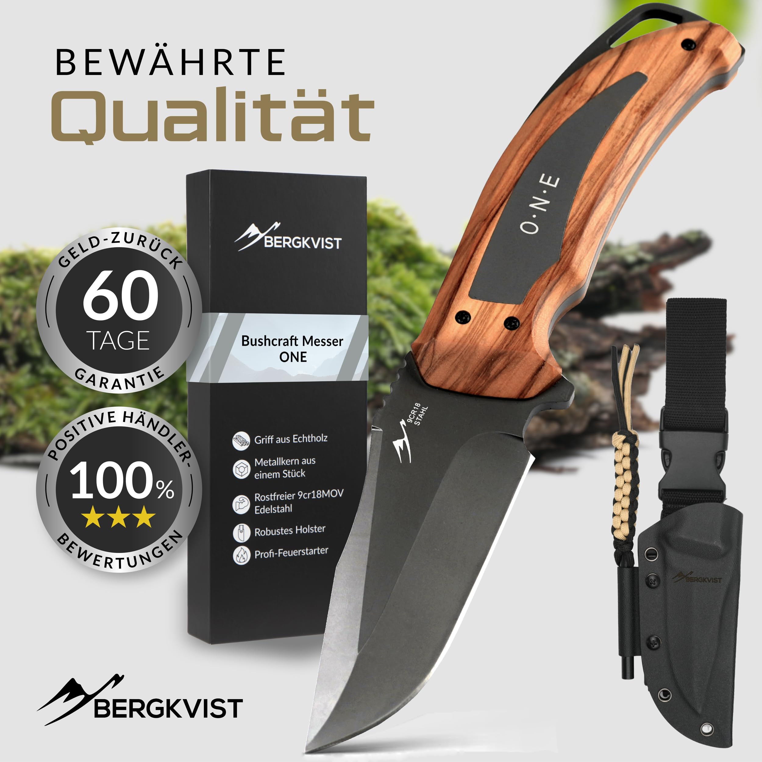 BERGKVIST® Bushcraft nóż ONE ze stałym ostrzem Full Tang (9,7 cm) – dopuszczony do przewożenia w Niemczech – nóż survivalowy do użytku na zewnątrz z uchwytem z prawdziwego drewna, kaburą, krzesiwem i