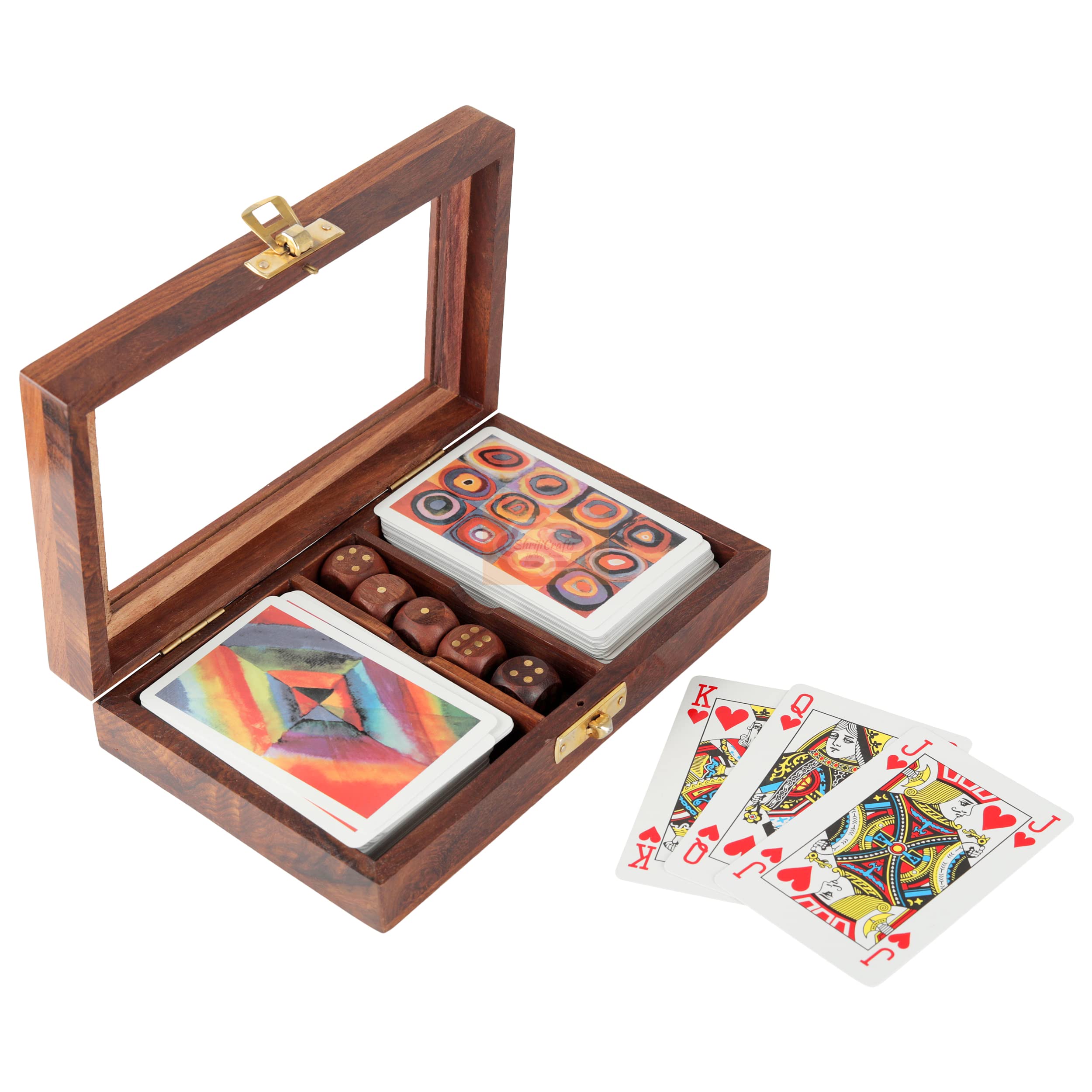 OrtusArts® Playing Cards Set of 2 in Handmade Wooden Storage Box Case Holder with 5 dice in Antique Design Anniversary Birthday Gifts "Made in India"