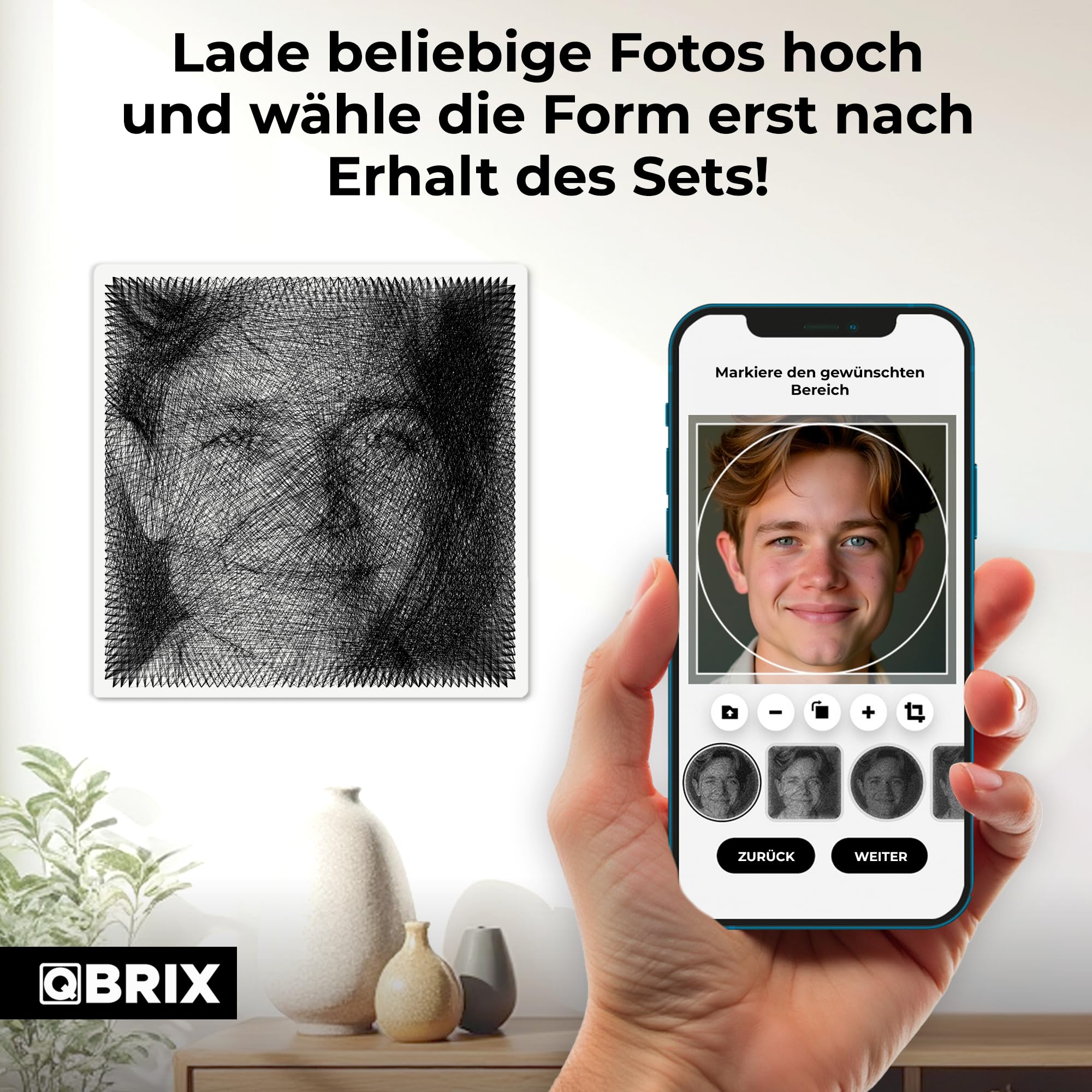 QBRIX Mini – String Art Fadenbild DIY | personalisiertes Geschenk | eigenes Foto als Garnbild | Wunschmotiv | Wandbild (Quadrat- oder Rundform 37×37 cm)