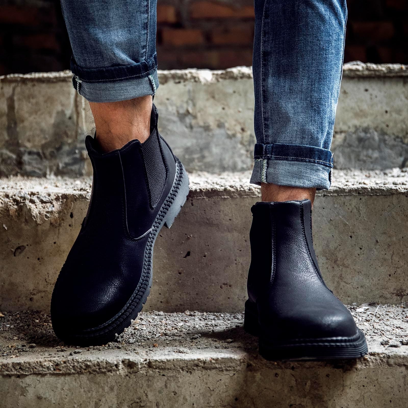 Genérico Bottes de cheville pour homme à semelle épaisse avec fermetures en cuir durables et polyvalentes pour toutes les occasions