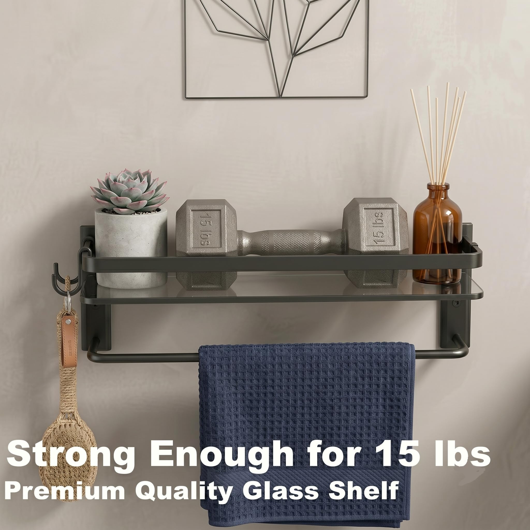 VOLPONE Estante de cristal para baño, estantes de baño de 15.7 pulgadas con toallero, estante de pared de baño con 4 ganchos extraíbles negro (2 niveles)