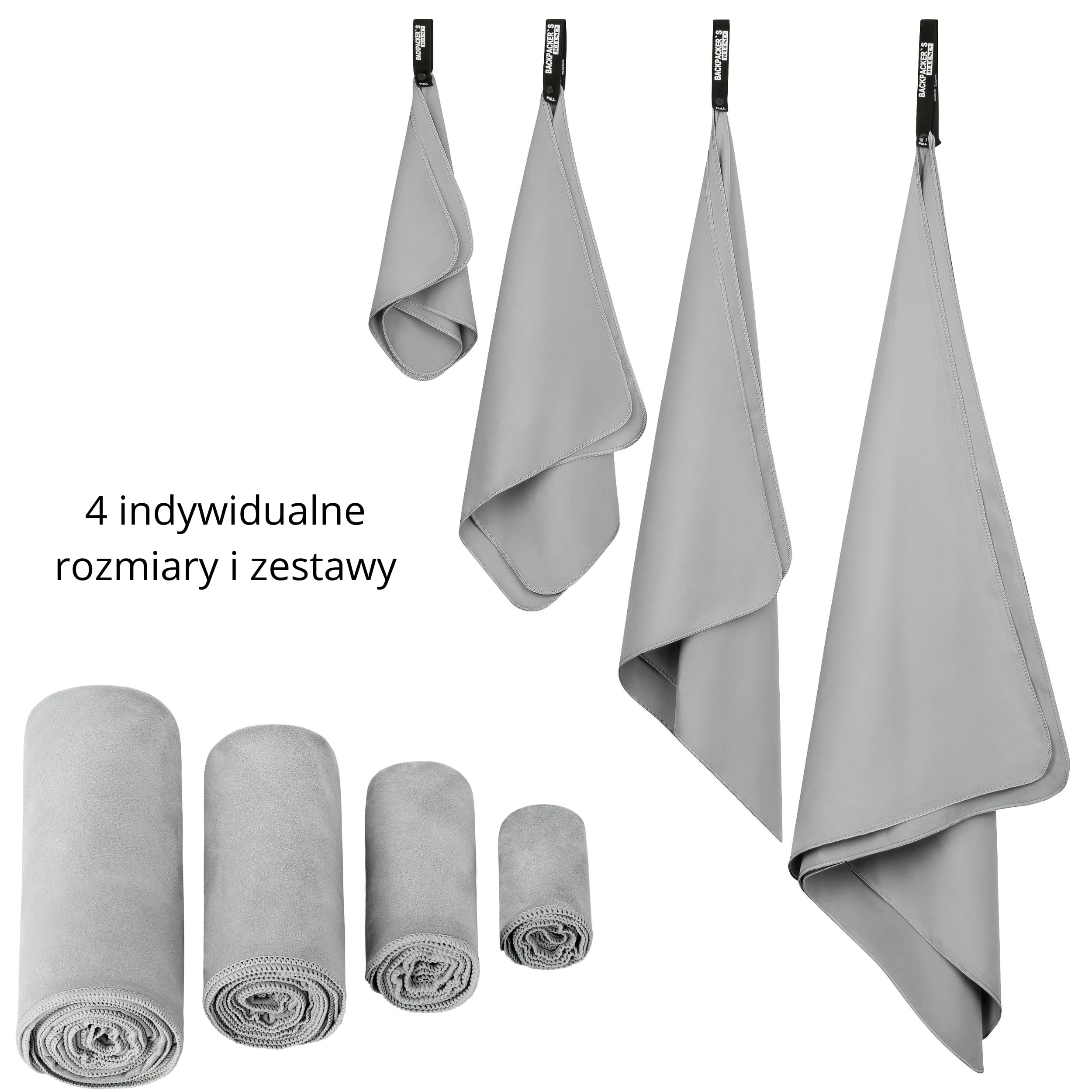 Backpacker's Journey Ręczniki z mikrofibry S M L XL. Zestaw ręczników podróżnych, lekkie, szybkoschnące, chłonne i antybakteryjne (szare, L)