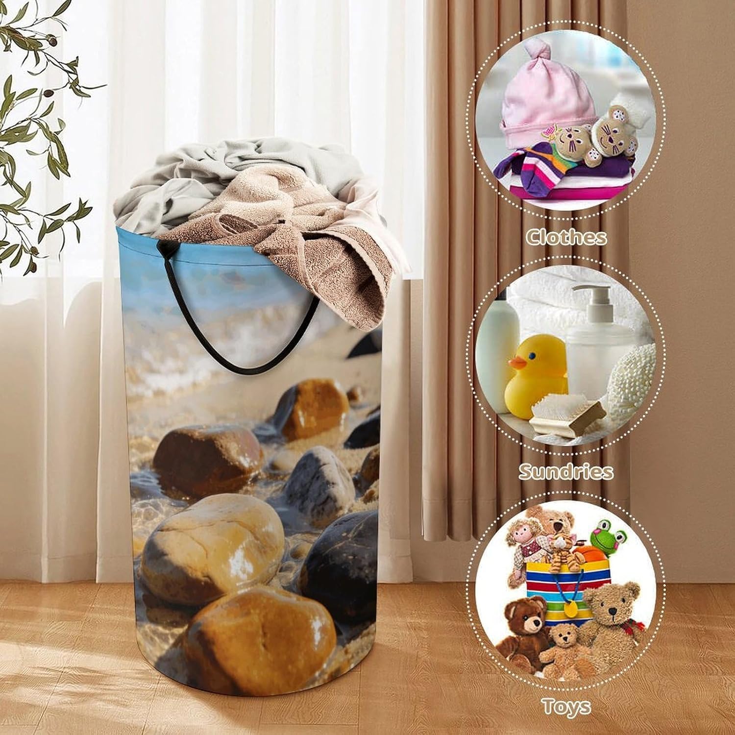 Colorful Stones on The Beach Laundry Hamper 86L Waterproof Collapsible Clothes Basket with Double Handles Freestanding Foldable Laundry Basket Large Clothes Hamper for Bathroom