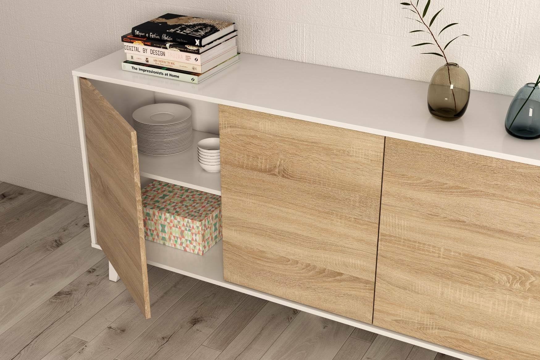 Dmora - Credenza Arvada, Madia moderna a 3 ante e ripiani, Buffet da cucina, Buffet di design da soggiorno, 154x40h75 cm, Bianco e Rovere