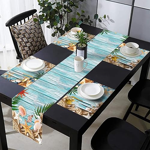 Juego de 6 manteles individuales y camino de mesa tropical de verano de lino de madera azul turquesa, juego de tapetes de comedor lavables con