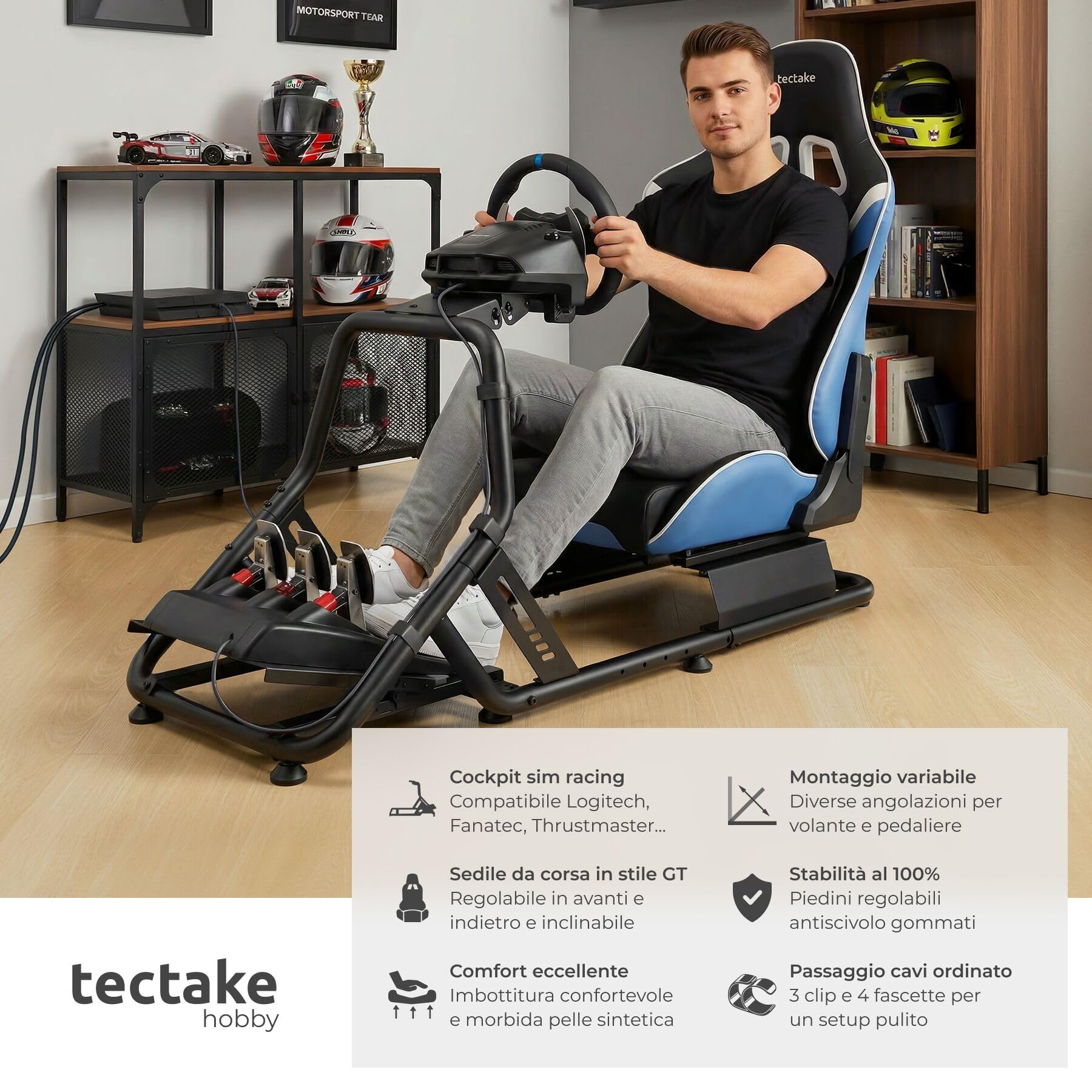 tectake® Sedia Gaming, Postazione Corsa Racing GT, Gaming Chair per Simulatore di Guida, adatto a vari Brand di Volante PC e Console, Seduta regolabile, cockpit sim racing in acciaio, Nero/Azzurro