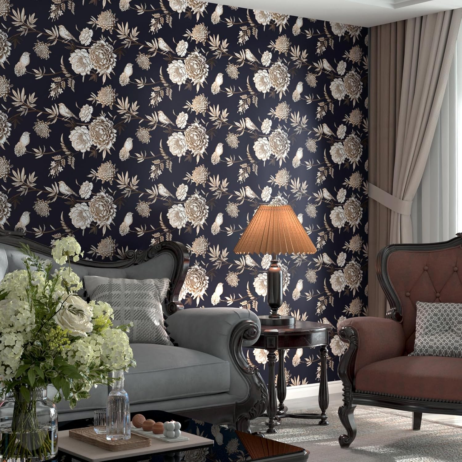 Dark Blue Gold Floral Peel and Stick Wallpaper Vintage Gold Bird Peony Wallpaper Mural Self Adhesive Floral Contact Paper Removable Flower Wall Paper for Bedroom Bathroom Cabinets 17.5"x160"
