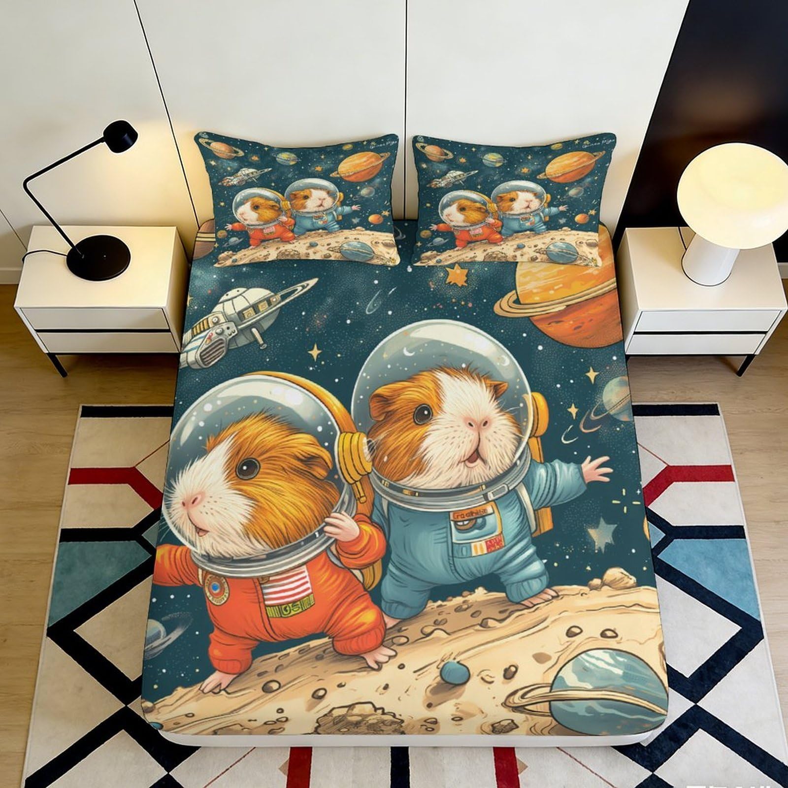 3D Printed Space Guinea Pig Fitted Sheet Microfiber Deep Pocket Non-Slip Space Guinea Pig Mattress Fitted Cover for Bedroom 90x200x25cm