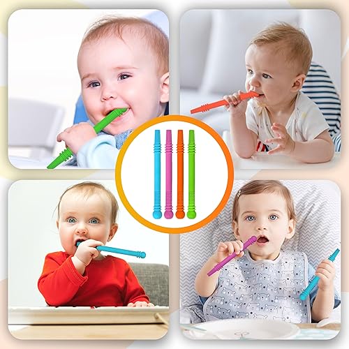 Miniatura 6 de Tubos mordedores para bebés, paquete de 4 palitos huecos de dentición con 1 cepillo de limpieza y cepillo de dientes, 100% silicona de grado