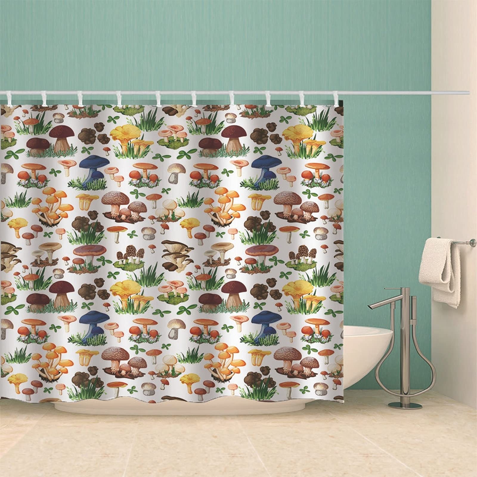 Cortina de ducha antimoho, diseño de setas con anillas, poliéster, 180 x 200 cm, color blanco