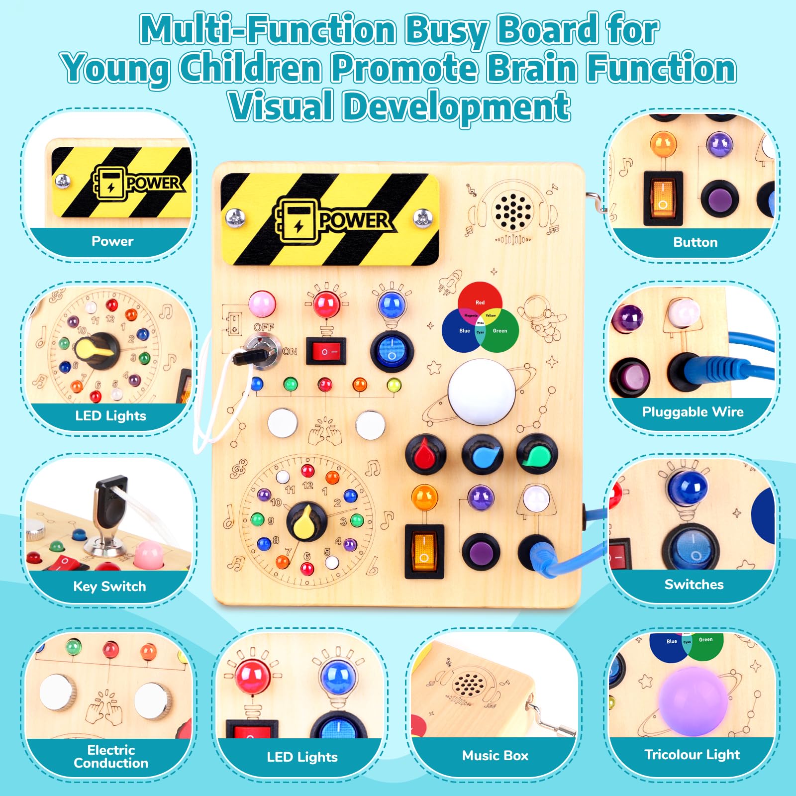 Busy Board Montessori Toys for 1 Year Old Kids Activity Board with 12 Switches and 27 LED Lights Switch Wooden Toys for 1 2 3 Year Old Boys Girls — view 2