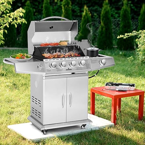 Miniatura 2 de Polar Aurora Parrilla de gas propano 4 quemadores con quemador lateral, carrito de parrilla de acero inoxidable con ruedas para patio al aire libre,