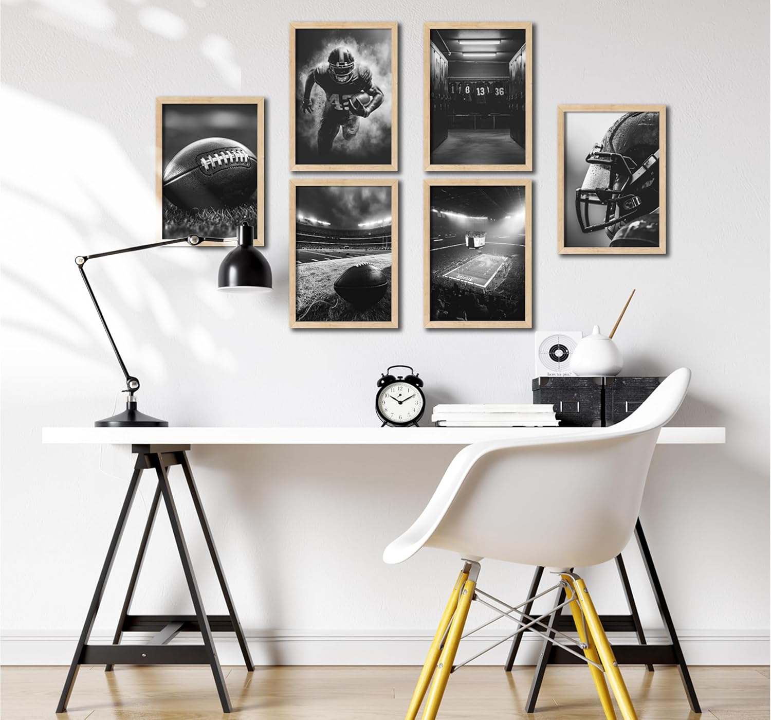 6Pcs Football Canvas Wall Art Rugby Field Stadium Sports Theme Picture Wall Decor Black White American Football Gaming Posters Painting Prints Artwork for Kids Boys Room Locker Room Dorm Living Room
