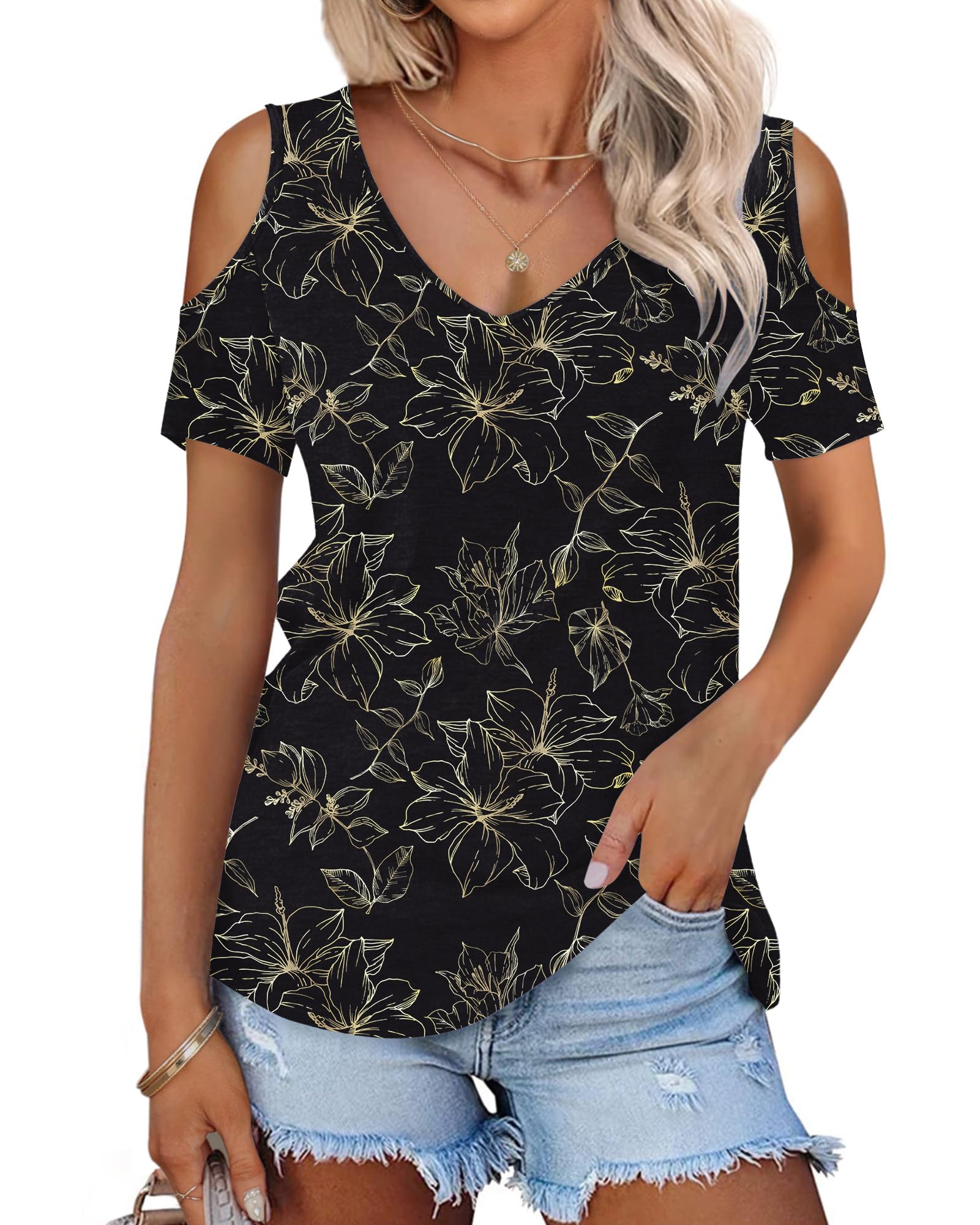WNEEDU T-Shirt Women's Summer V-Neck Off Shoulder Top Short Sleeve Tops Elegant Tunic Blouse with Loose Fit Light and Airy
