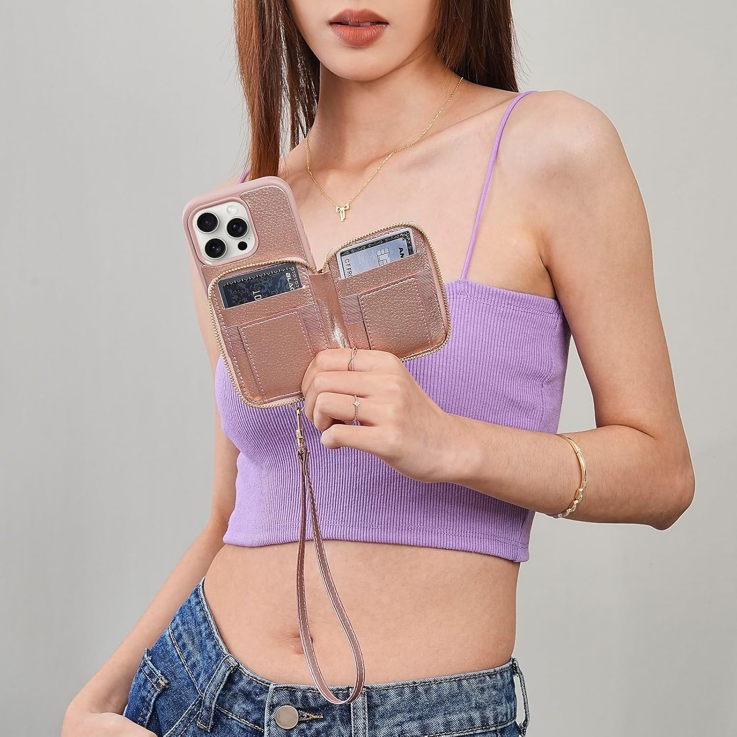ZVE Compatible with iPhone 16 Pro Wallet Case with Card Holder Wrist Strap, RFID Blocking Zipper Leather Cover for Women for iPhone 16 Pro, 6.3" -Rose Gold