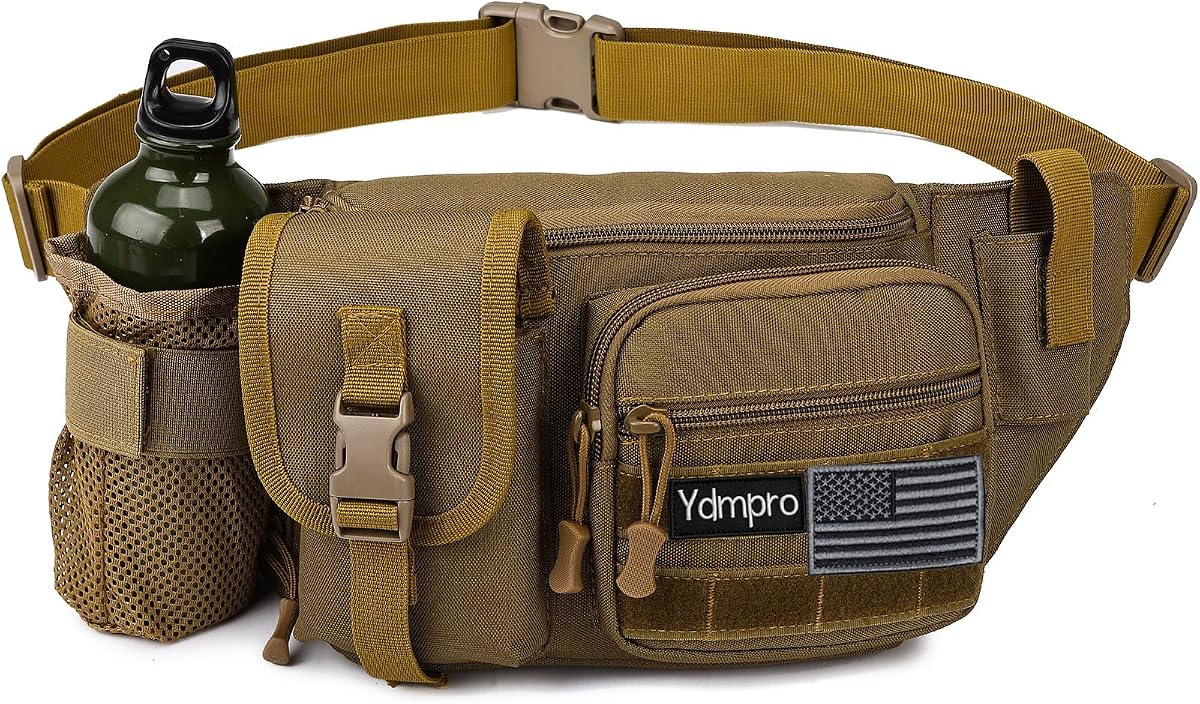 Tactical Fanny Pack，Military Waist Bag Hip Belt Bumbag Utility Bags for Fishing Hiking Hunting with Mesh Water Bottle Holder Pouch (Tan)