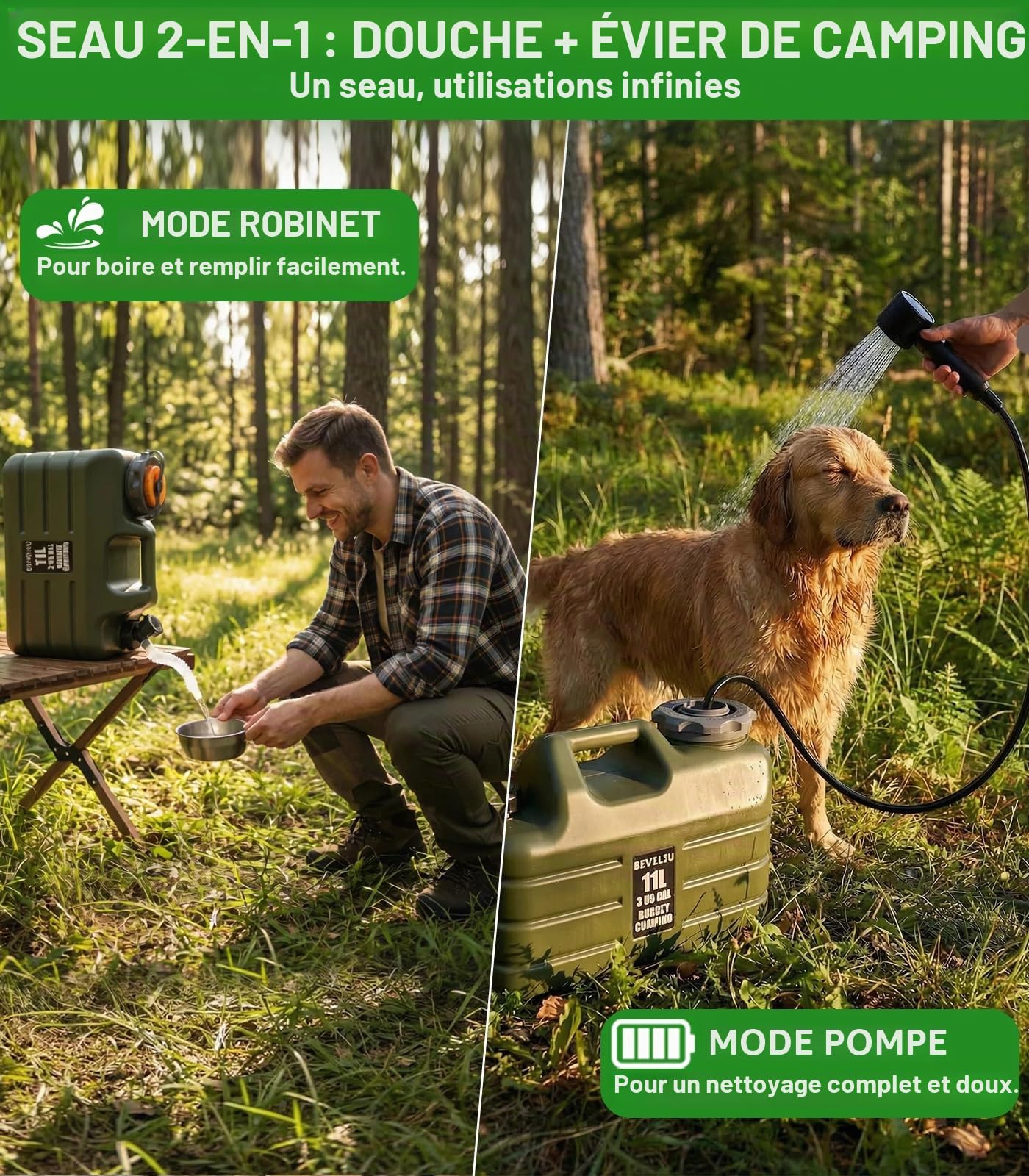 Beviliu Douche Portable de Camping avec Pichet de 3 Gallons de Qualité Alimentaire, Design Léger & IPX8 Étanche, Pompe Rechargeable avec Affichage LED, Douche Portable pour Camping, Plage, Randonnée