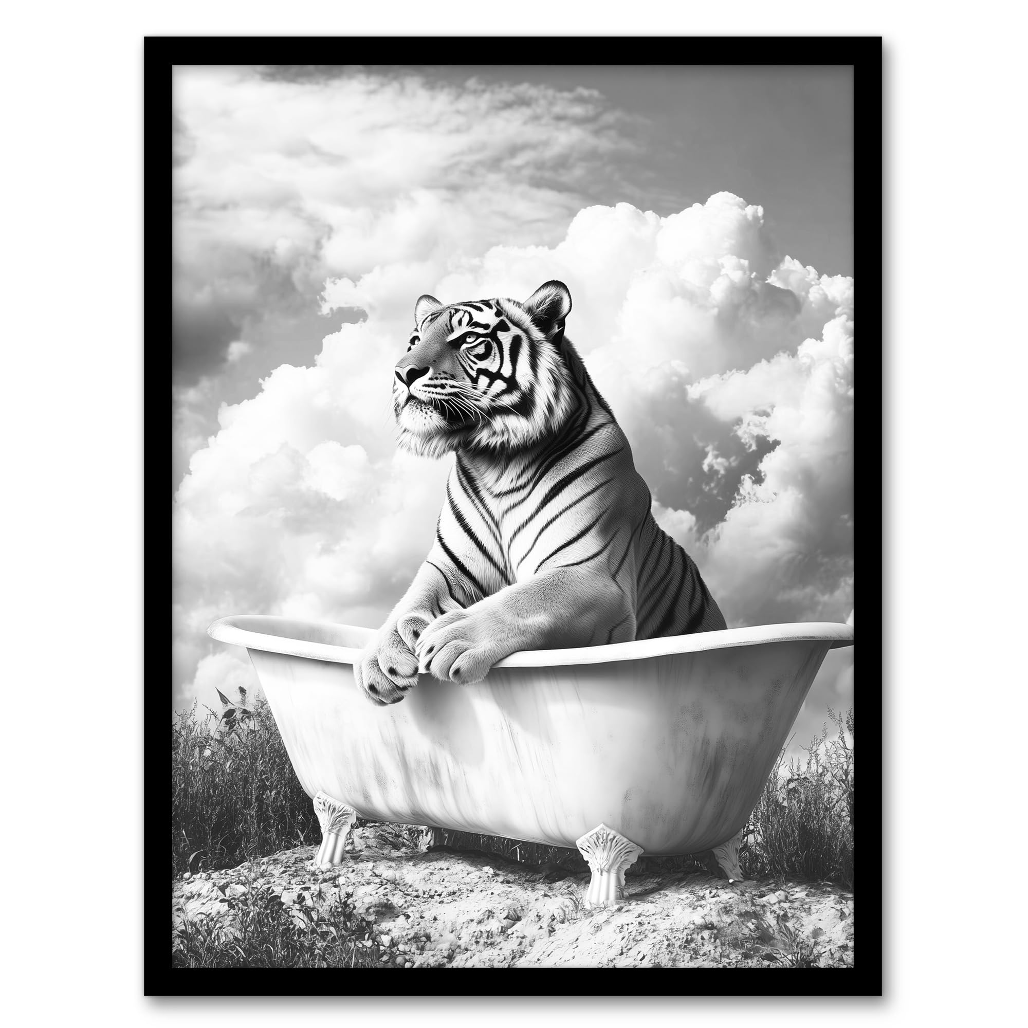 Artery8 Tiger Bathtub Black White Surreal Big Cat Lover Bathroom Toilet Artwork Framed Wall Art Print A4
