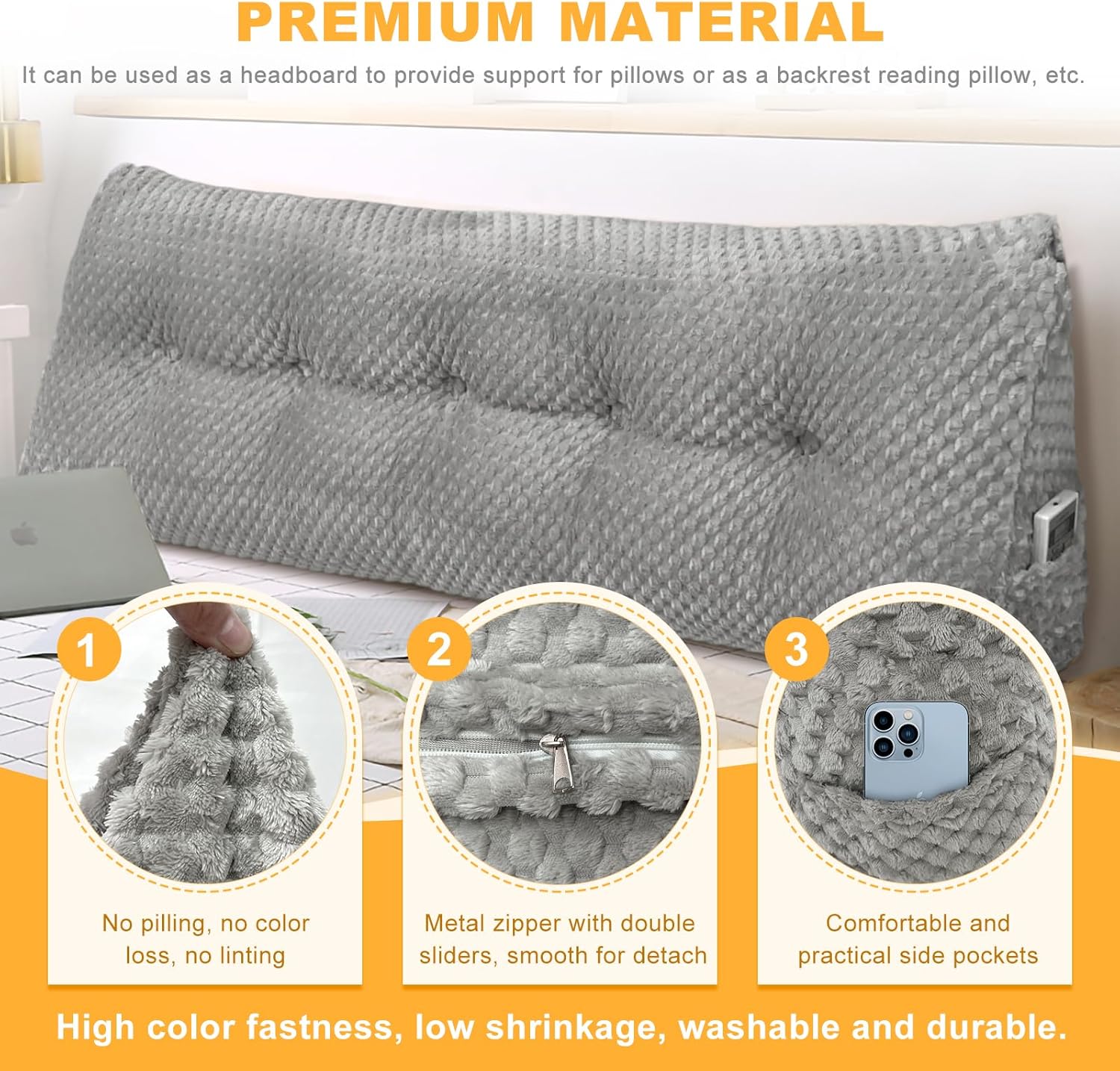 Large Triangular Headboard Wedge Pillow Soft and Supportive Headboard Backrest Positioning Support Bolster Cushion, Bed Wedge Pillow with Removable Cover(Light Gray,Dorm,24x8x20inch)