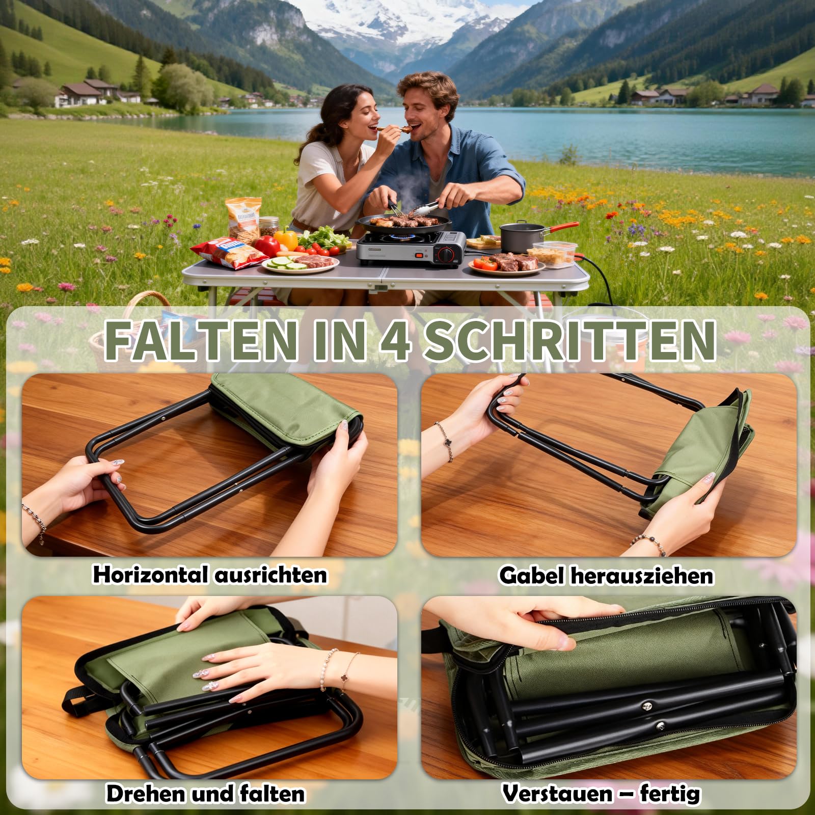 QottmezKlappstuhl Faltbar 33×26,5×32 cm – Leichter Campinghocker bis 120 kg, Tragbarer Klapphocker mit Tasche, Campingstuhl Klappbar Leicht für Wandern, Angeln & Camping Erwachsene (Grün)