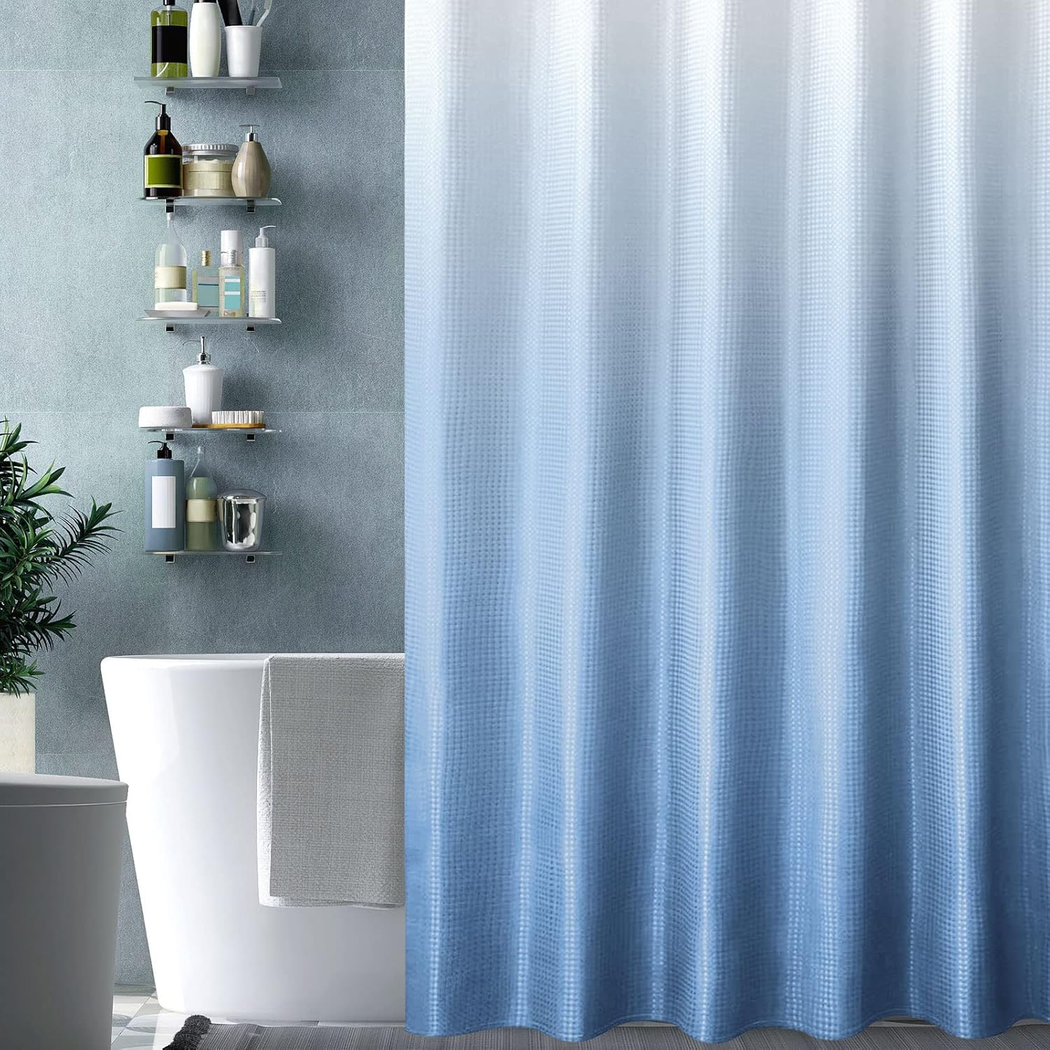 Gibelle Extra Long Shower Curtain 72 x 84, Tall Blue Ombre Shower Curtain for Bathroom, Waffle Weave Fabric Shower Curtain Set with Hooks, Water Repellent, Machine Washable