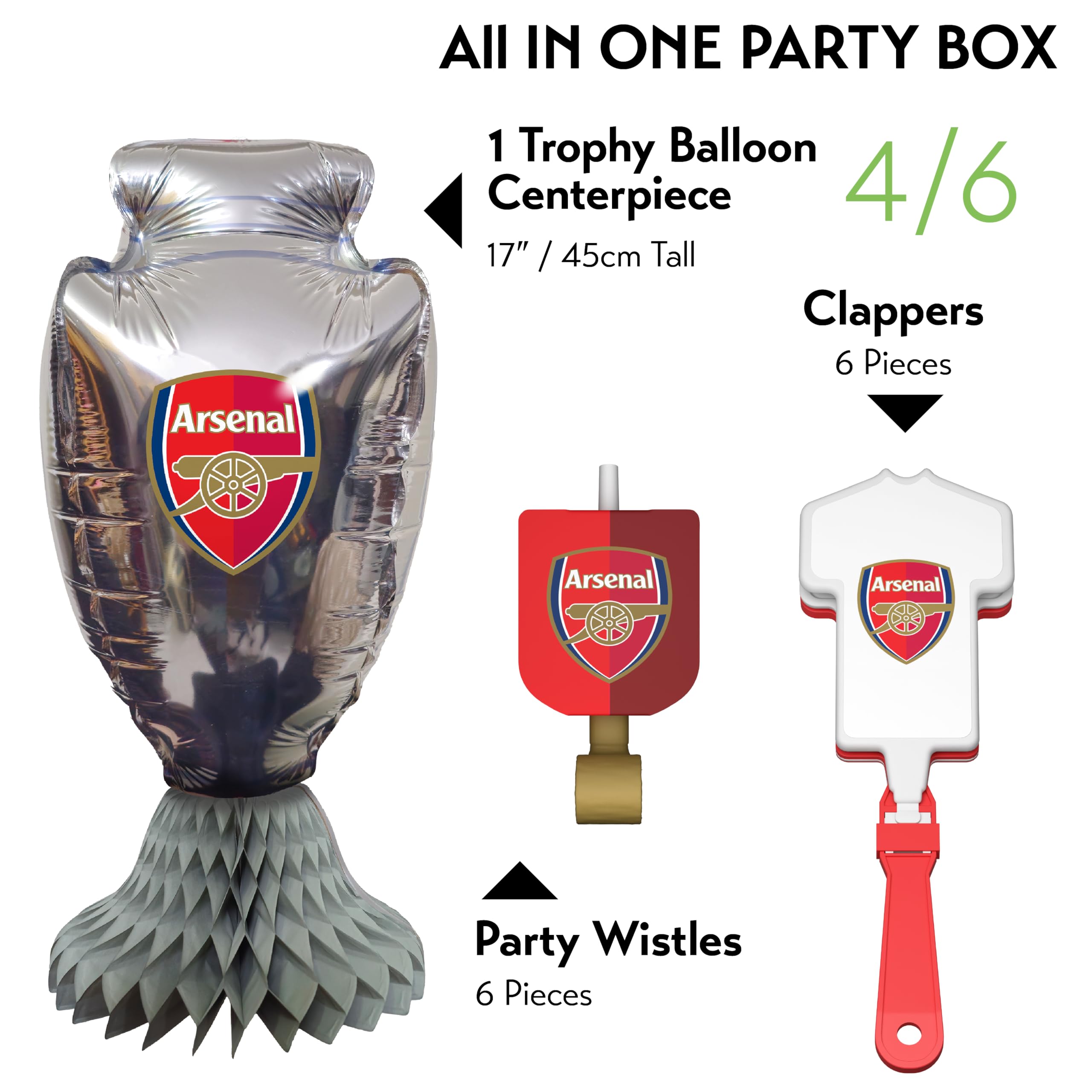 Arsenal FC Coffret de Fête Officiel 77 Pièces | Kit Tout-en-Un pour 6 Invités avec Vaisselle Jetable, Ballons Maillot, Décorations & Accessoires | Idéal Matchday & Anniversaire