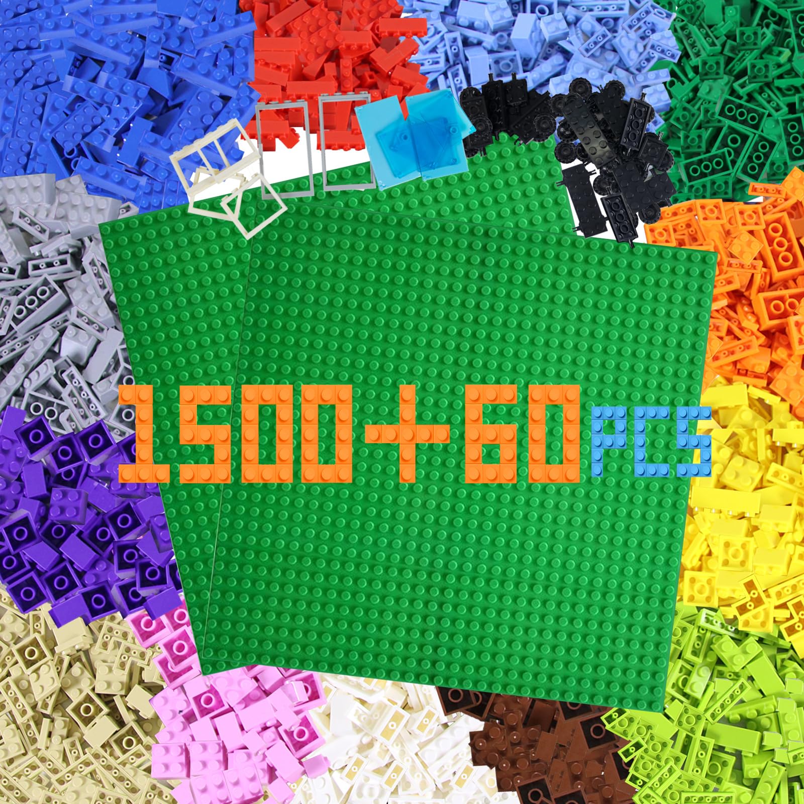 Cabeeskii 1560 Pieces Classic Building Bricks, Building Blocks Compatible with All Major Brands, Includes Doors, Windows, Wheels & 2 Baseplates