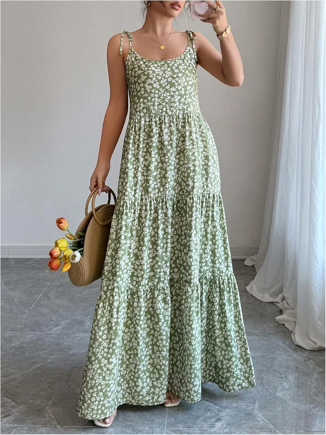 Floerns Women's Summer Maxi Dress Floral Tie Shoulder Tiered Flowy Beach Vacation Clothes - Image 4