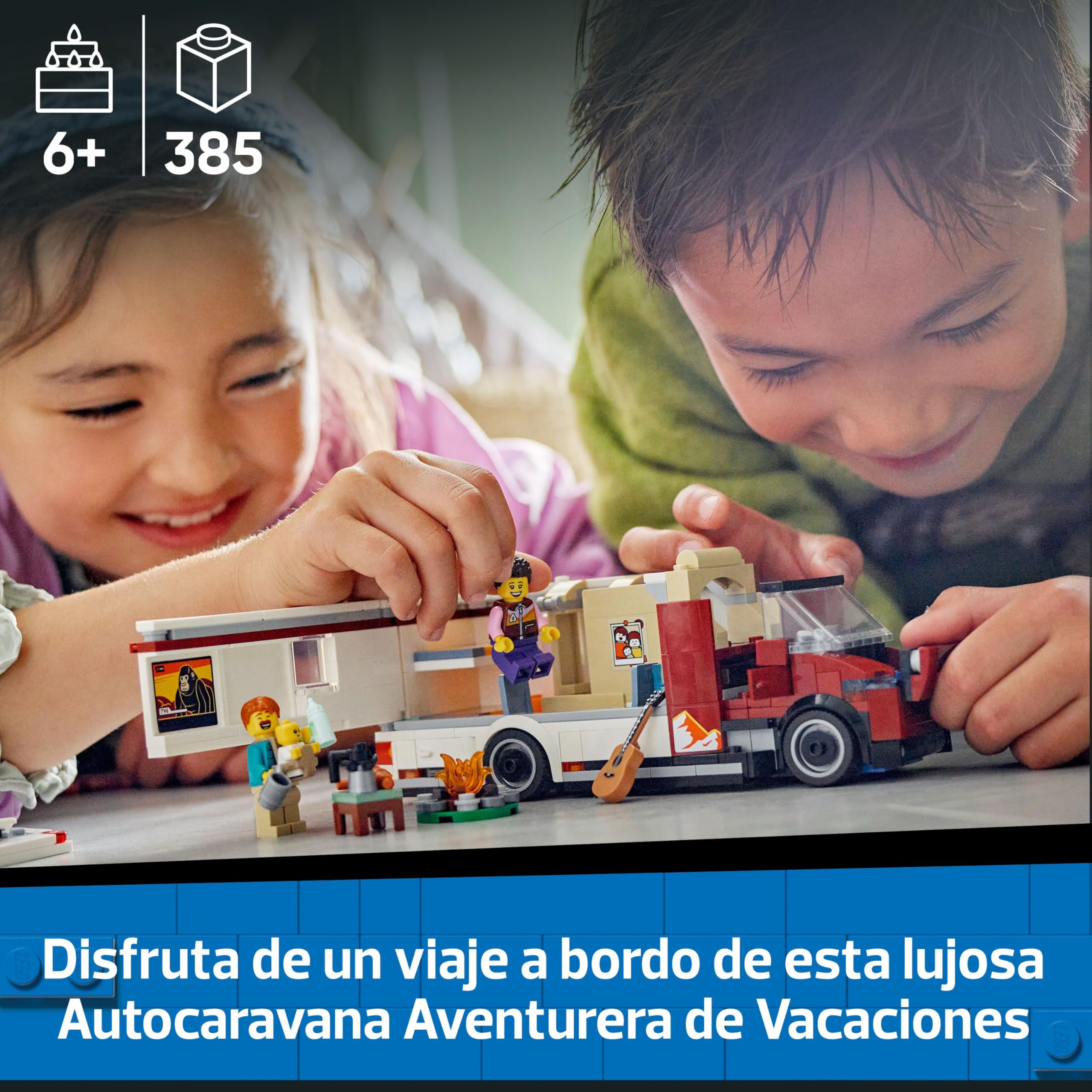 LEGO City Autocaravana Aventurera de Vacaciones, Furgoneta de Juguete y 3 Minifiguras (Mamá, Papá y Bebé), Juego de Viaje con Guitarra y Accesorios, Regalo para Niños y Niñas de 6 Añoso Más 60454