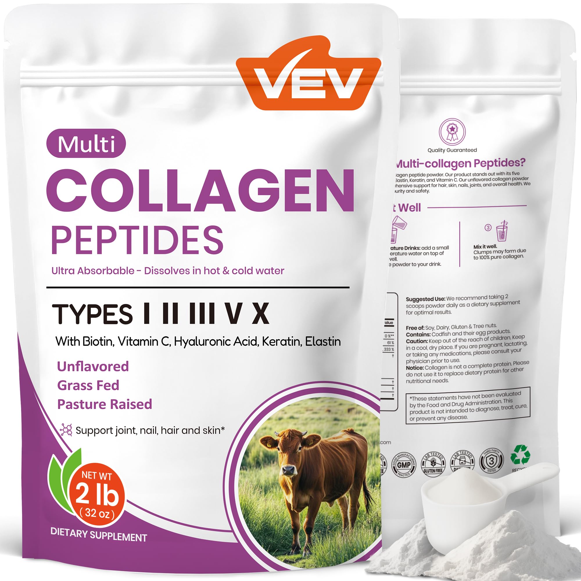 VEV Multi Collagen Peptides Powder with Types I, II, III, V, X, 32 oz (82 Servings) - Skin, Joint & Hair Support - Hydrolyzed Collagen Powder for Women, Biotin, Vitamin C, Unflavored, Dissolves Easily