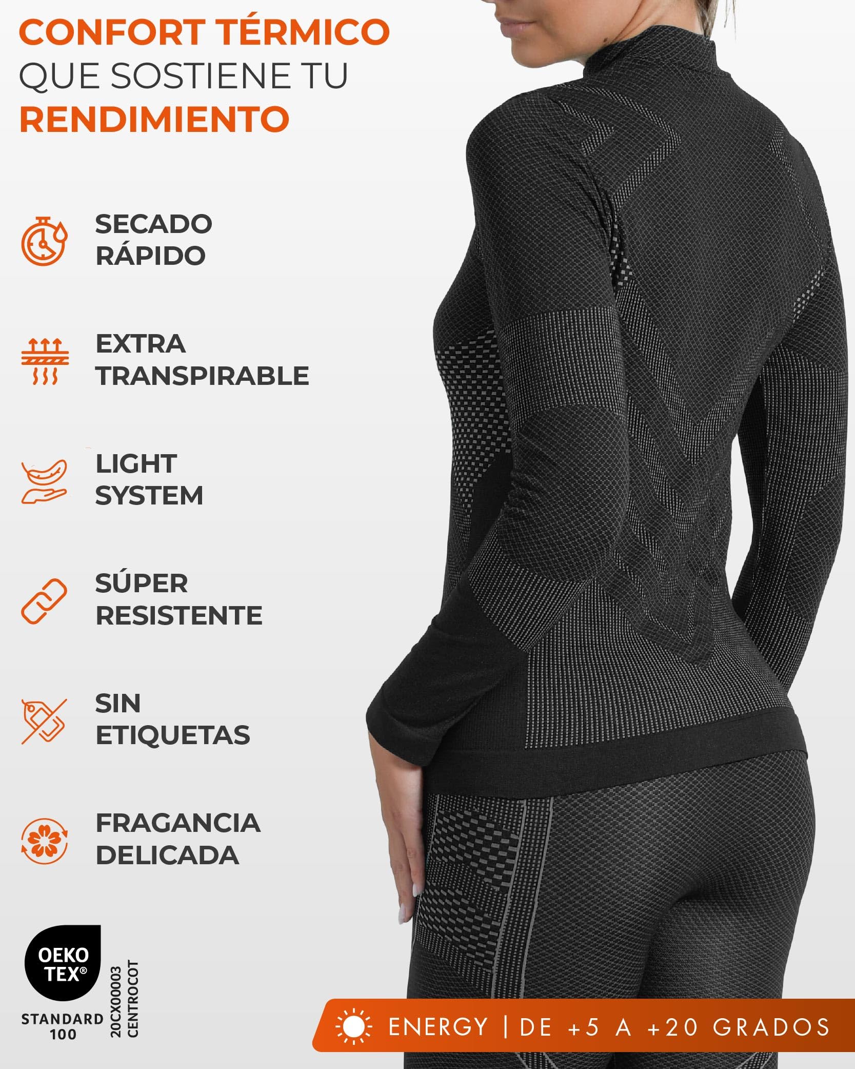 Risalti Camiseta Termica Mujer Energy - Camiseta Manga Larga Mujer Elástica y Transpirable, Ropa Interior Mujer, Camiseta Interior Mujer Sin Costuras - Made in Italy