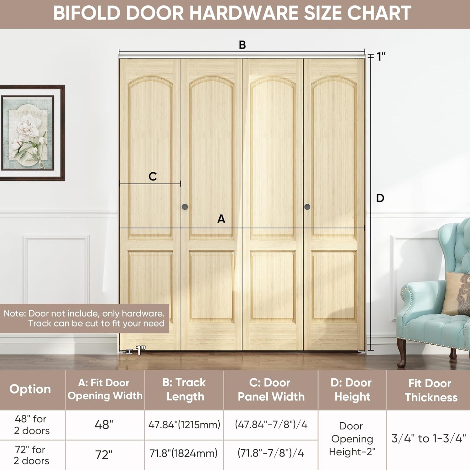 JUBEST 72" Bifold Door Hardware, Top Mounted Bi fold Door Hardware Kits, Closet Door Hardware for Inside Door, Bathroom, Cabinet, 4 Doors System (NO Doors Include)