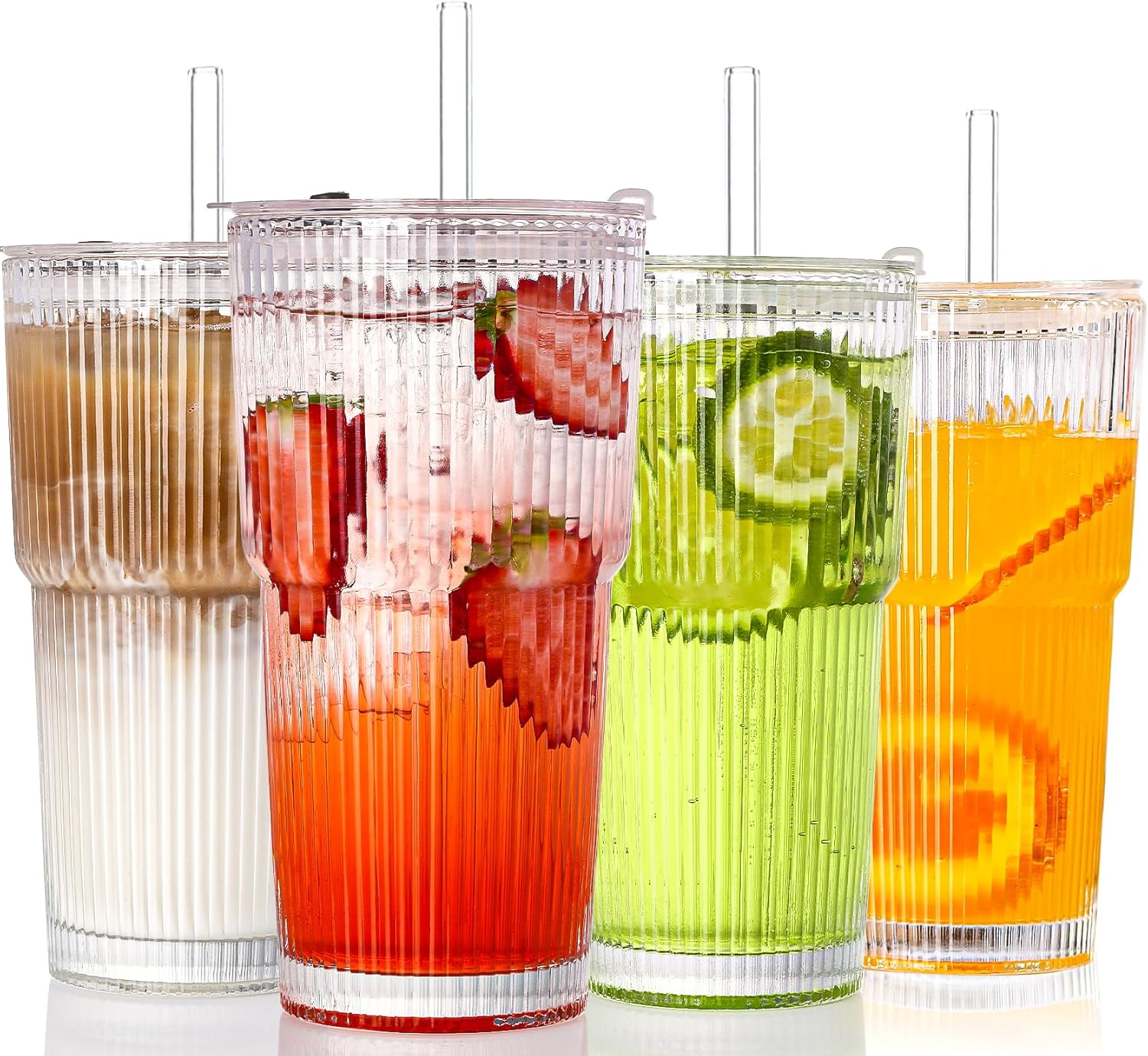 SIPBYSOP 4PCS Ribbed Glass Cups with Lids and Straws, 20oz Vintage Drinking Glasses, Aesthetic Iced Coffee Cups, Glass Tumbler for Boba, Beer, Tea, Cocktails, Ribbed Glassware Set,Clear