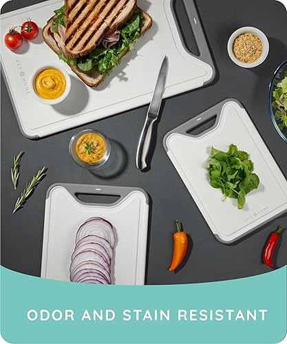 Vista 31 de Juego de 3 tablas de cortar de plástico para cocina, tablas de cortar aptas para lavavajillas con ranuras para jugos para carne, verduras, mango