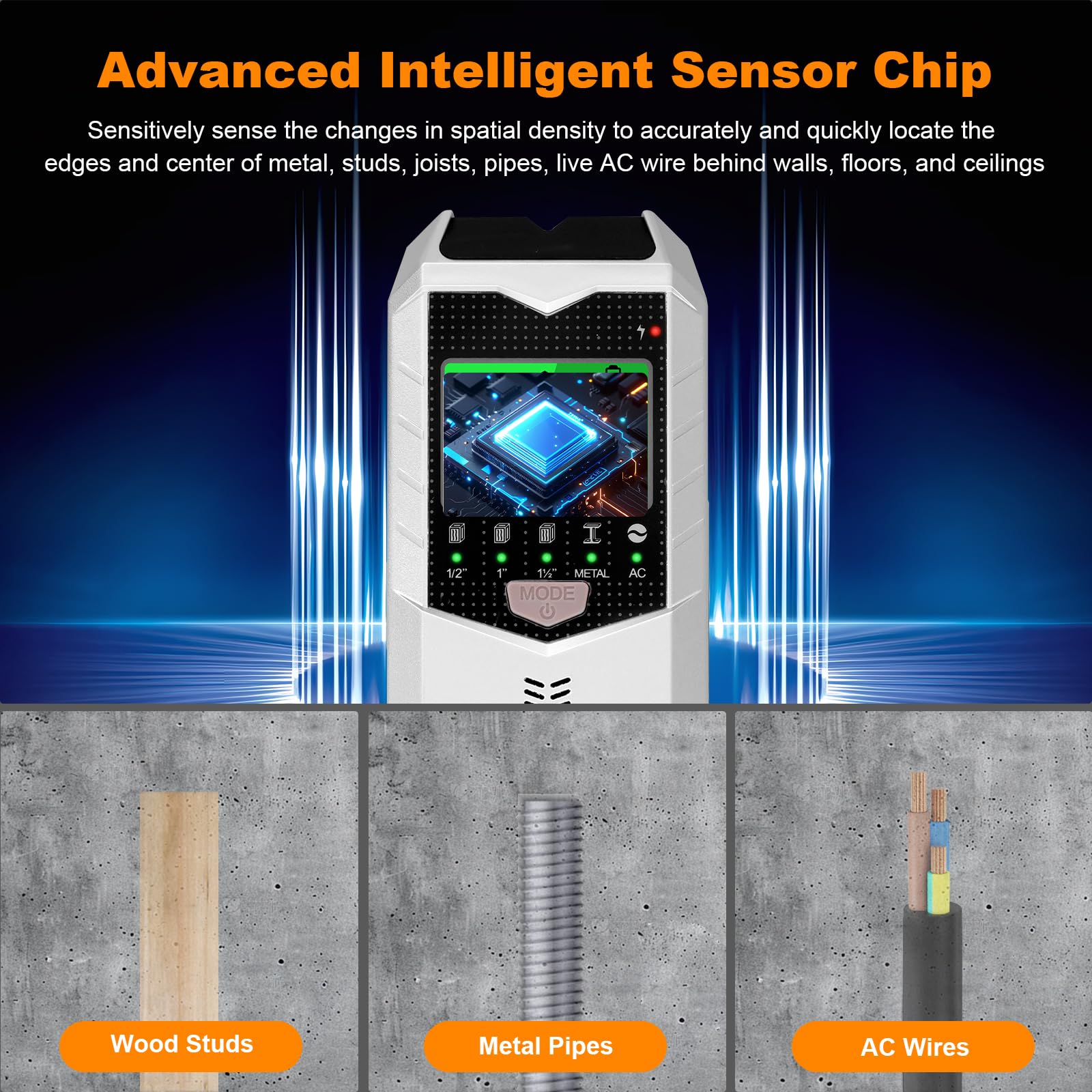 Escáner de pared, detector de pernos 5 en 1 con chip de microprocesador inteligente y pantalla LCD HD, buscadores de haz para centro y borde de madera, cable de CA, viga, metal y tubería,