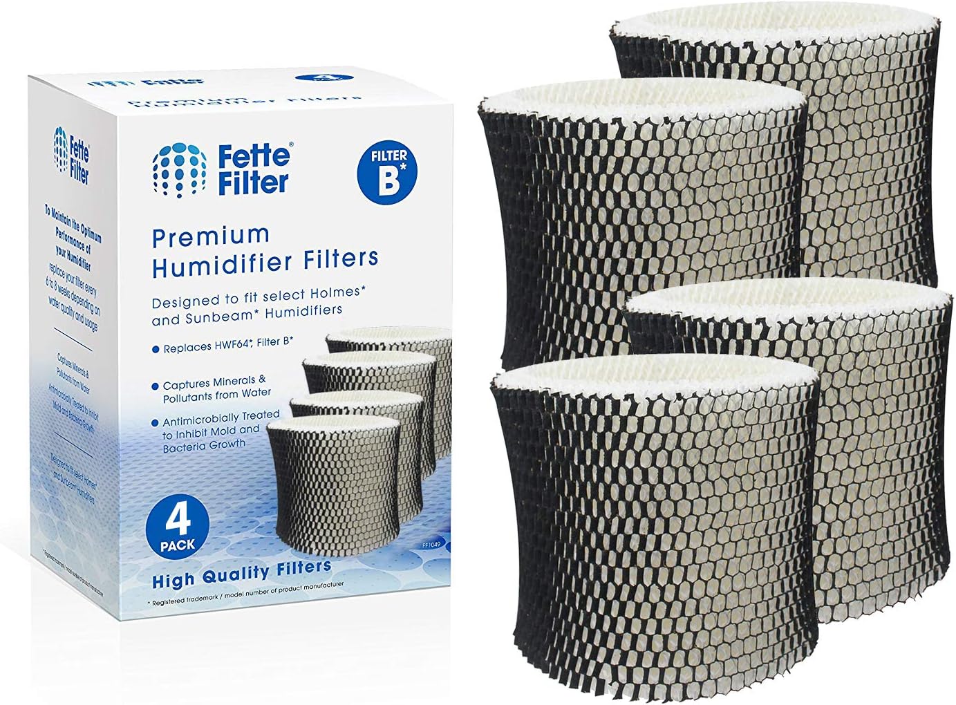 Fette FilterHWF-64 Humidifier Filter B Wick Replacement Compatible with Holmes HWF64 Filter B for Models HM-1645 HM-1730 HM-1745 HM-1750 HM-2200 & Bionaire BWF-64 Includes 4 Qty.