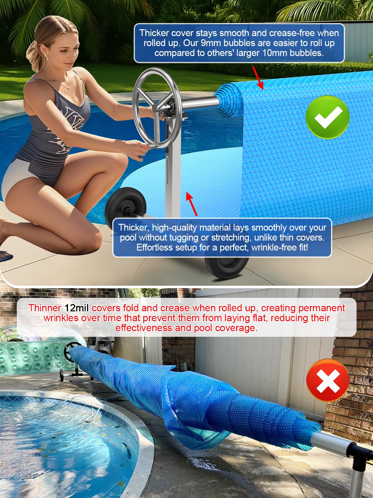 Copertura solare per piscina da 16 mil con protezione UV UPF 50+, coperta solare rotonda da 45,7 cm, per piscine interrate e fuori terra, serie 1600, copertura resistente al calore/agli agenti