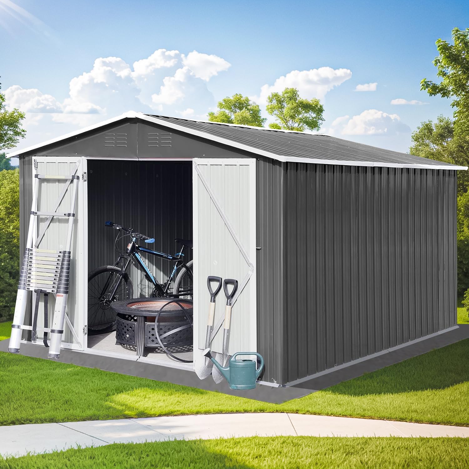 Storage Garden Shed 10ft x 8ft,Metal Outdoor Storage Sheds with Vents,Hinged Door and Padlock,Practical Tool Storage shed for Storing Bicycles,Lawnmowers,Barbeques and Garden Tools
