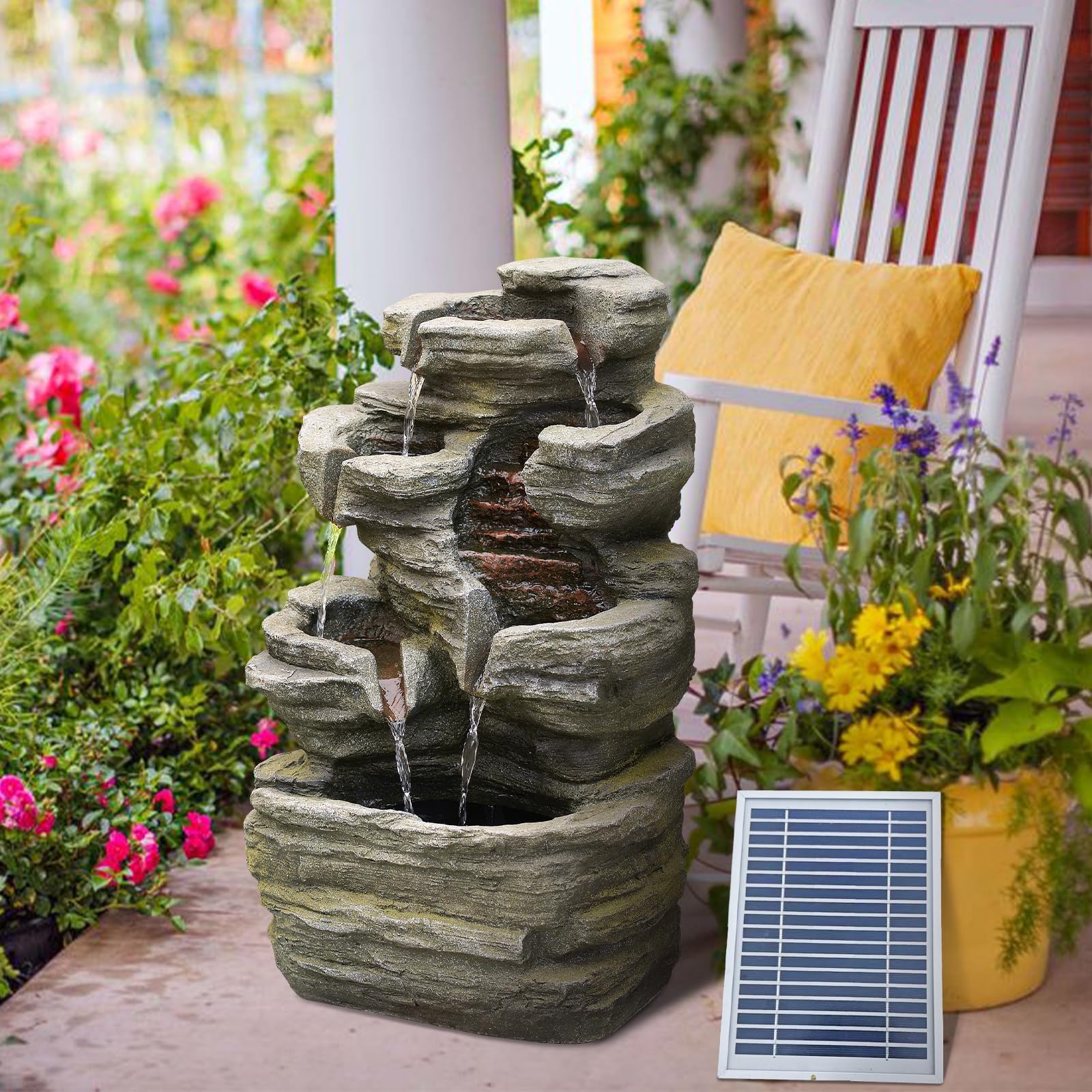 Bumilgar Solargetriebener 6-stufiger Kaskadenbrunnen mit LED-Beleuchtung, inkl. Pumpe & Solarpanel | 62 cm hoch, Steingrau für Terrasse, Balkon, Vorgarten | Natursteinoptik-Wasserfall, Außendeko