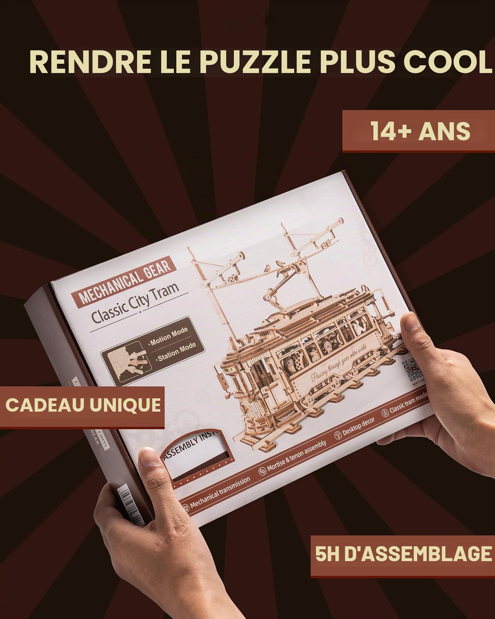 ROBOTIME Puzzle 3D en Bois pour Adultes - Tramway Classique de la Ville, Kit de Maquette d'engrenage de Construction, Décoration Exquise Cadeaux