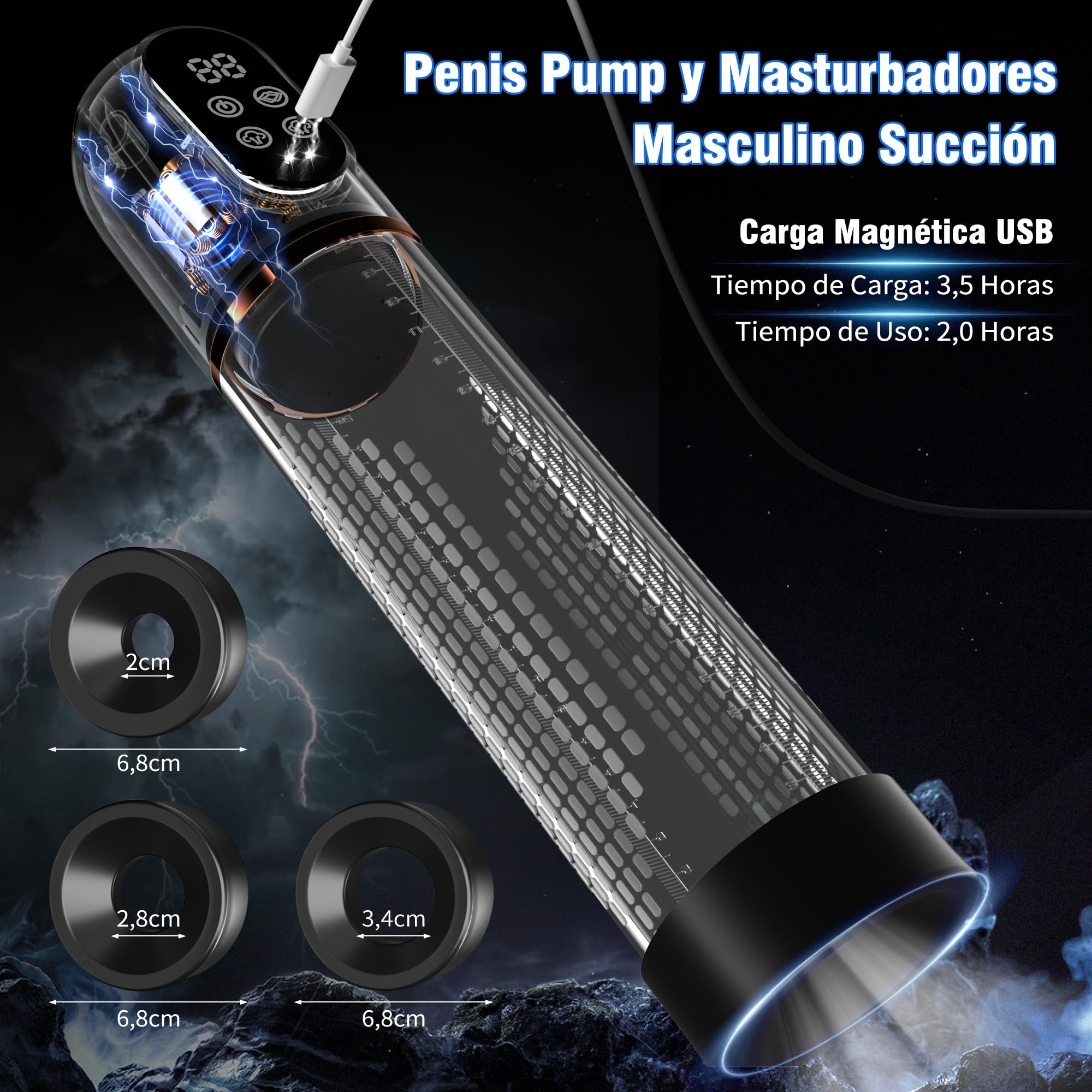 HIVEFUN Succionador de Pene Hombre, Alargador de Pene Masculino con 4 Modos de Succión y 3 Modos de Entrenamiento, Bomba de Vacío para el Pene Hombre con 3 Anillos de Silicona y 6 Anillos para el Pene