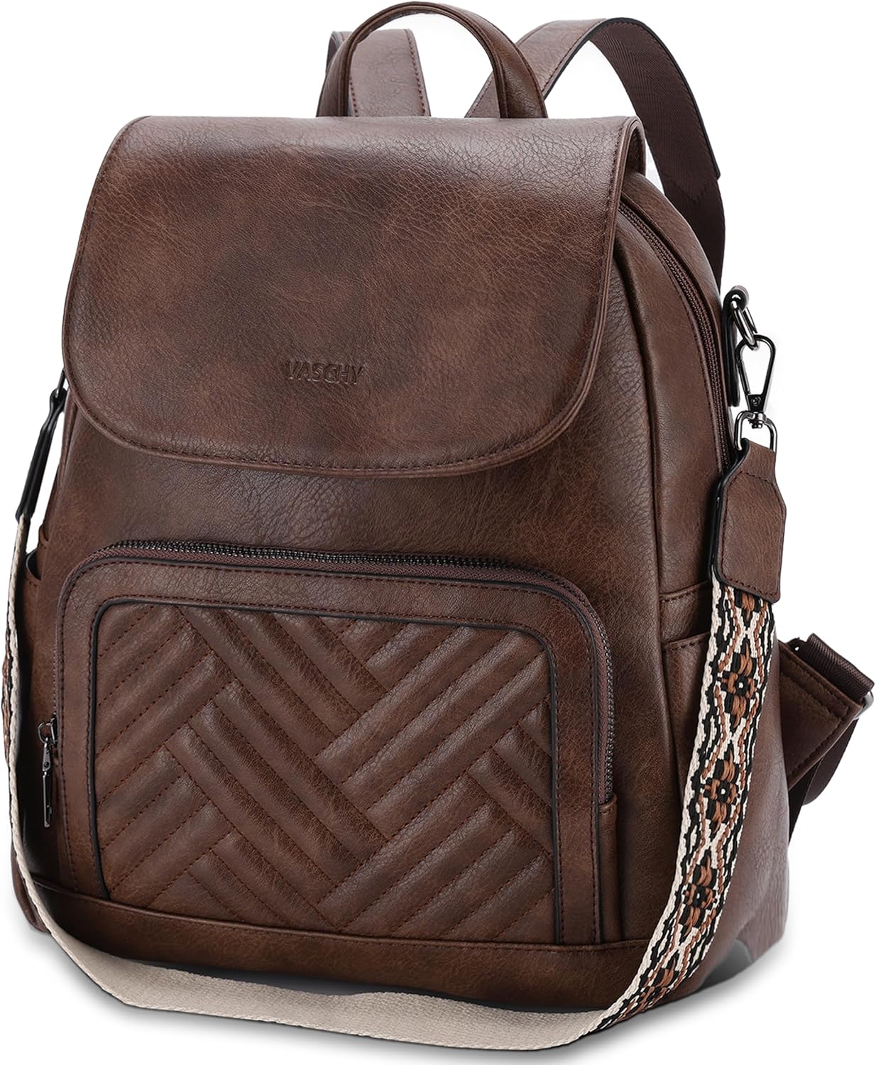VASCHY Backpack Purse for Women, Chevron Quilted Vegen Leather Flap Backpack Convertible Handbag for Ladies with Guitar Strap Coffee