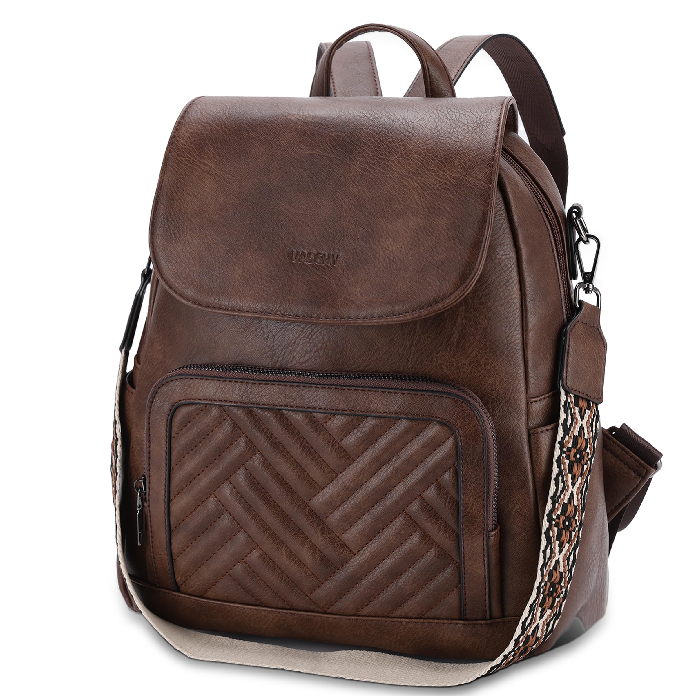VASCHY Mochila Viaje Mujer, Bolso Mochila de Cuero PU Mochila Universidad Moda Mochila Antirrobo Impermeable Mochila Acolchado Casual Bolso Convertible con Guitarra Correa para Viaje/Esculea/Trabajo